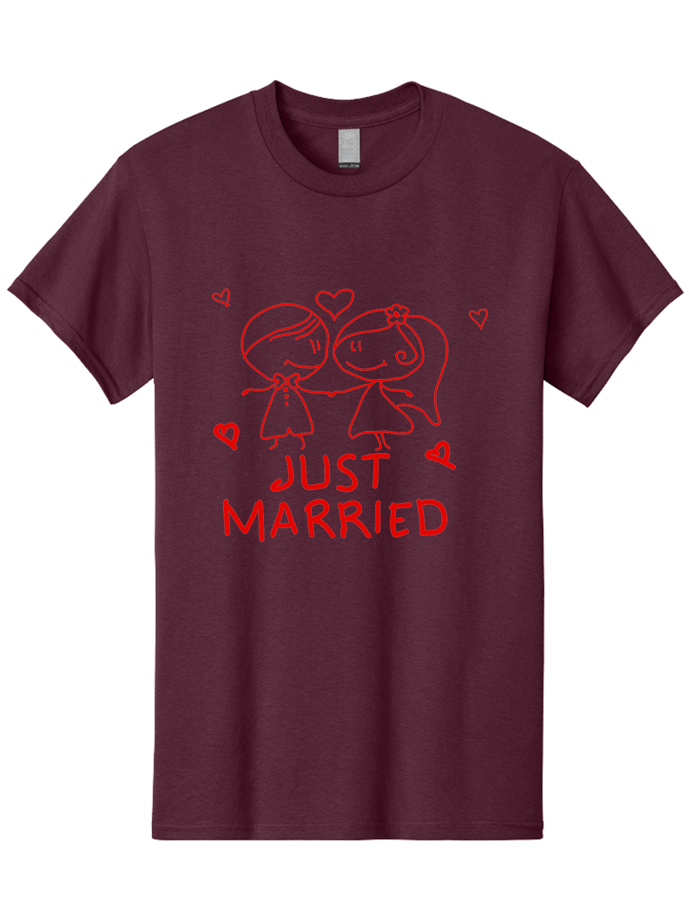 Just-Married Men'S Graphic Tee, 100% Cotton, Comfortable Casual Summer Wear, Machine Washable, Newlywed Couple, Cartoon Bride And Groom, Love Hearts, Red Text, Hand Drawn Illustration, Wedding Celebration, Sweethearts Together, Romantic Art - Aaa084