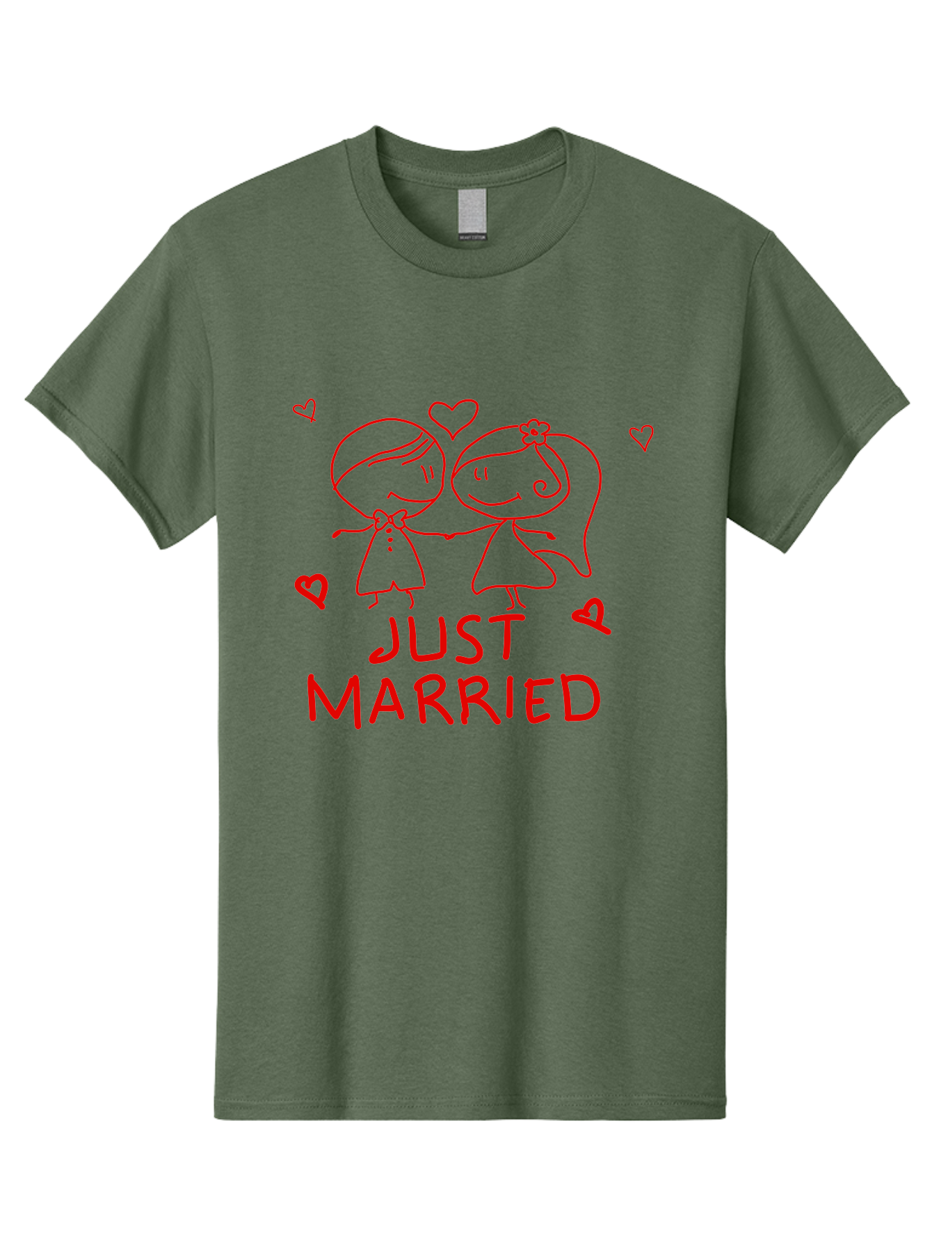 Just-Married Men'S Graphic Tee, 100% Cotton, Comfortable Casual Summer Wear, Machine Washable, Newlywed Couple, Cartoon Bride And Groom, Love Hearts, Red Text, Hand Drawn Illustration, Wedding Celebration, Sweethearts Together, Romantic Art - Aaa084