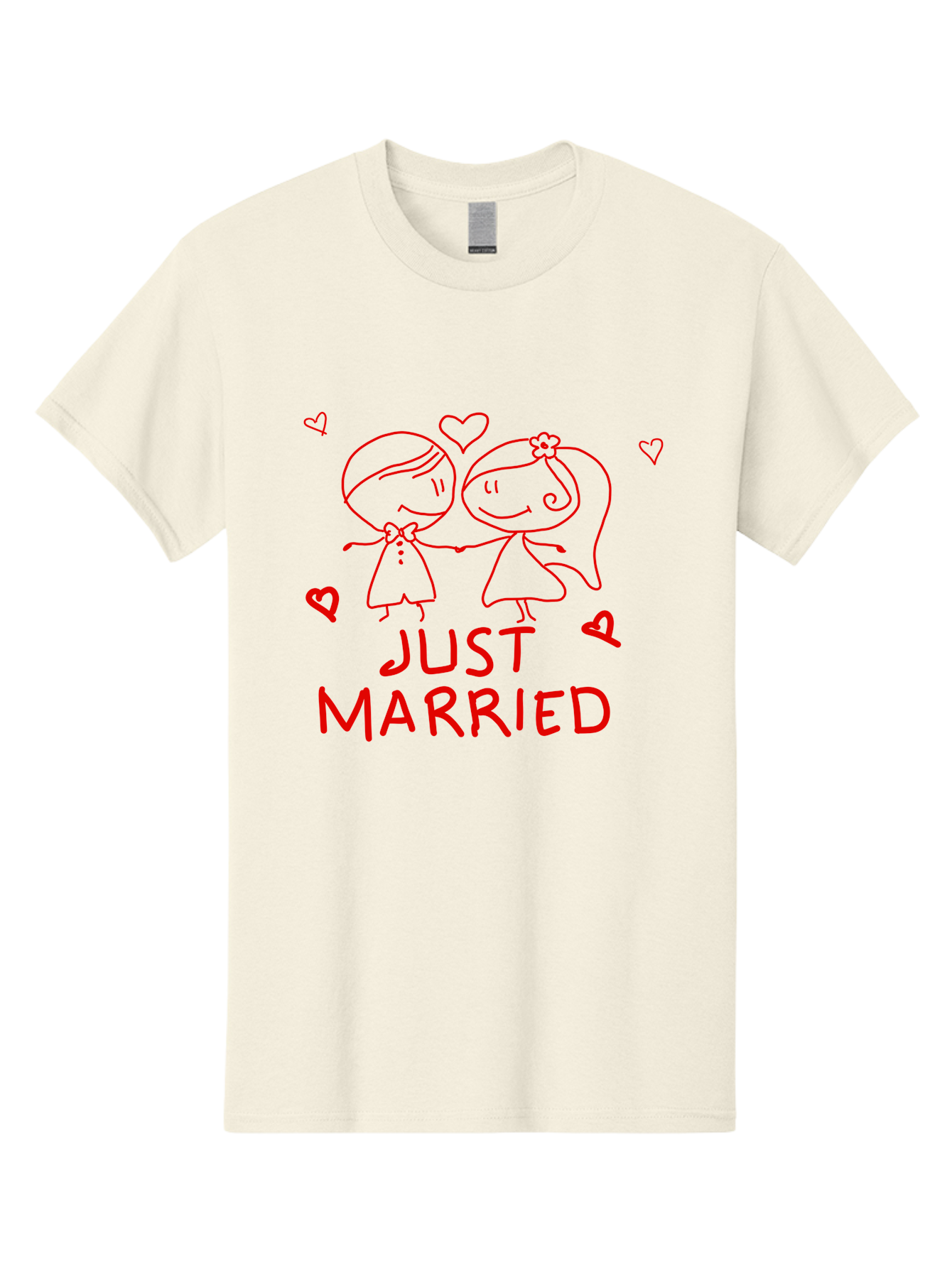 Just-Married Men'S Graphic Tee, 100% Cotton, Comfortable Casual Summer Wear, Machine Washable, Newlywed Couple, Cartoon Bride And Groom, Love Hearts, Red Text, Hand Drawn Illustration, Wedding Celebration, Sweethearts Together, Romantic Art - Aaa084
