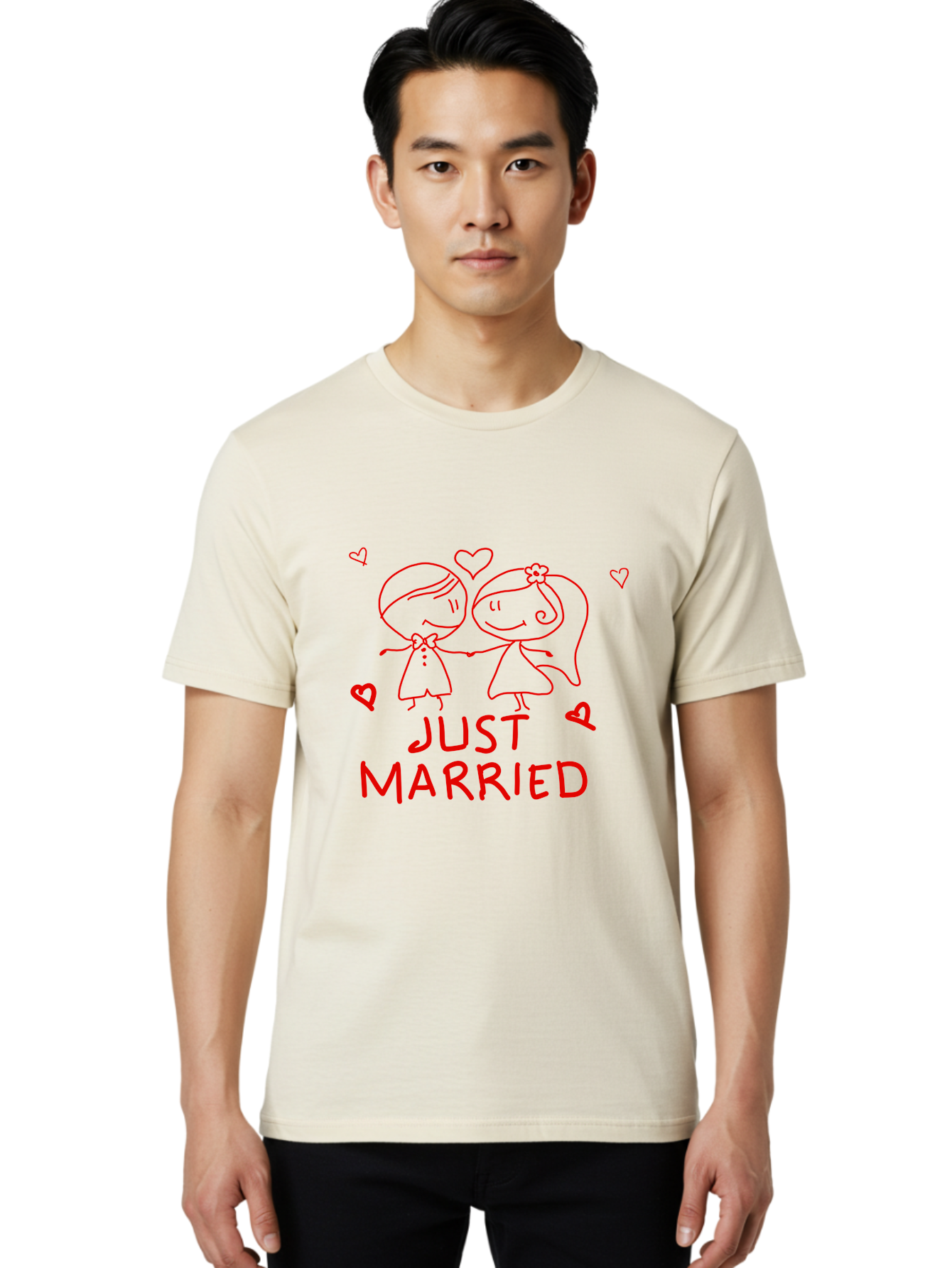 Just-Married Men'S Graphic Tee, 100% Cotton, Comfortable Casual Summer Wear, Machine Washable, Newlywed Couple, Cartoon Bride And Groom, Love Hearts, Red Text, Hand Drawn Illustration, Wedding Celebration, Sweethearts Together, Romantic Art - Aaa084