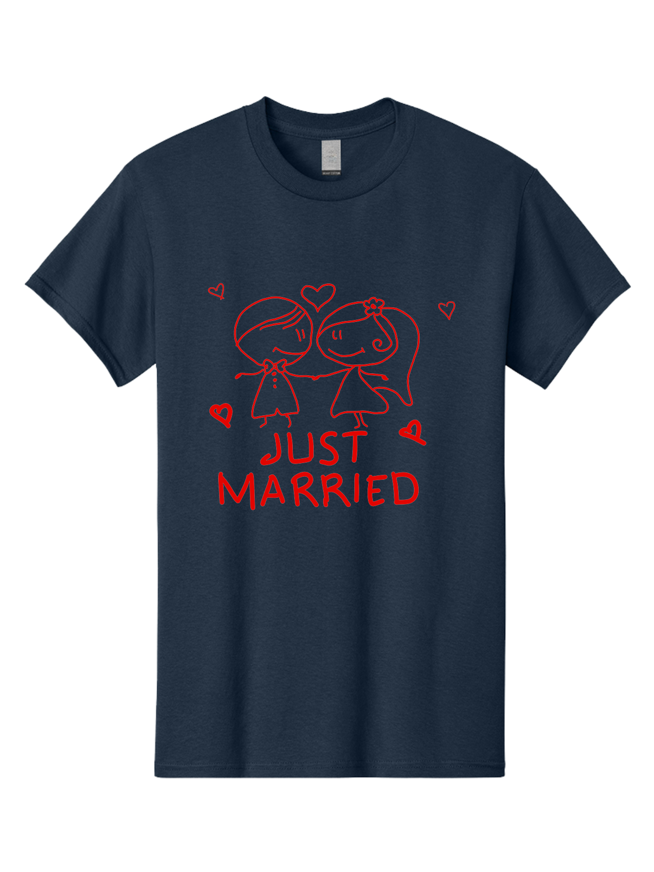 Just-Married Men'S Graphic Tee, 100% Cotton, Comfortable Casual Summer Wear, Machine Washable, Newlywed Couple, Cartoon Bride And Groom, Love Hearts, Red Text, Hand Drawn Illustration, Wedding Celebration, Sweethearts Together, Romantic Art - Aaa084