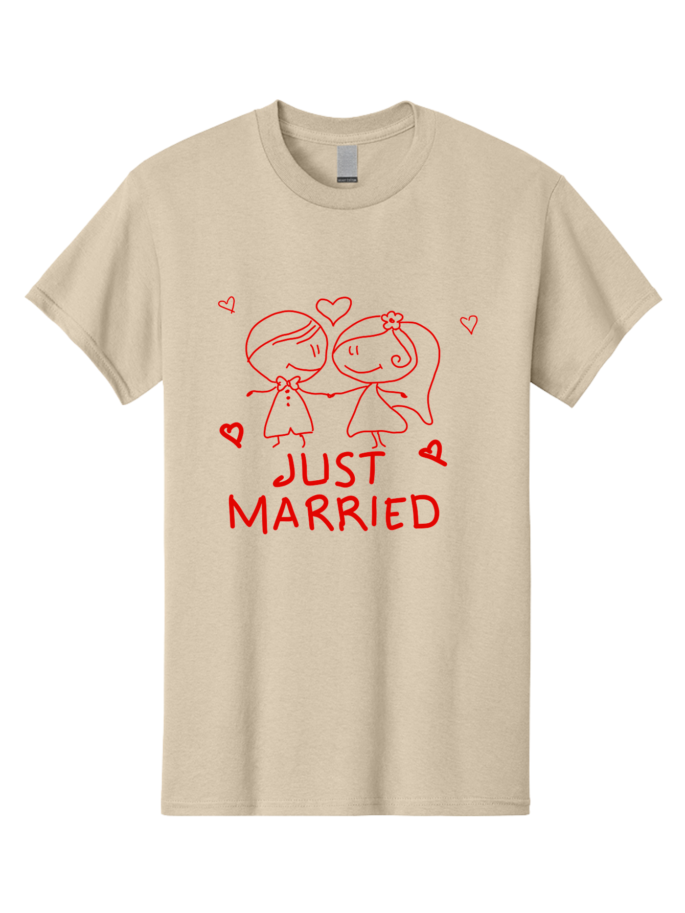 Just-Married Men'S Graphic Tee, 100% Cotton, Comfortable Casual Summer Wear, Machine Washable, Newlywed Couple, Cartoon Bride And Groom, Love Hearts, Red Text, Hand Drawn Illustration, Wedding Celebration, Sweethearts Together, Romantic Art - Aaa084