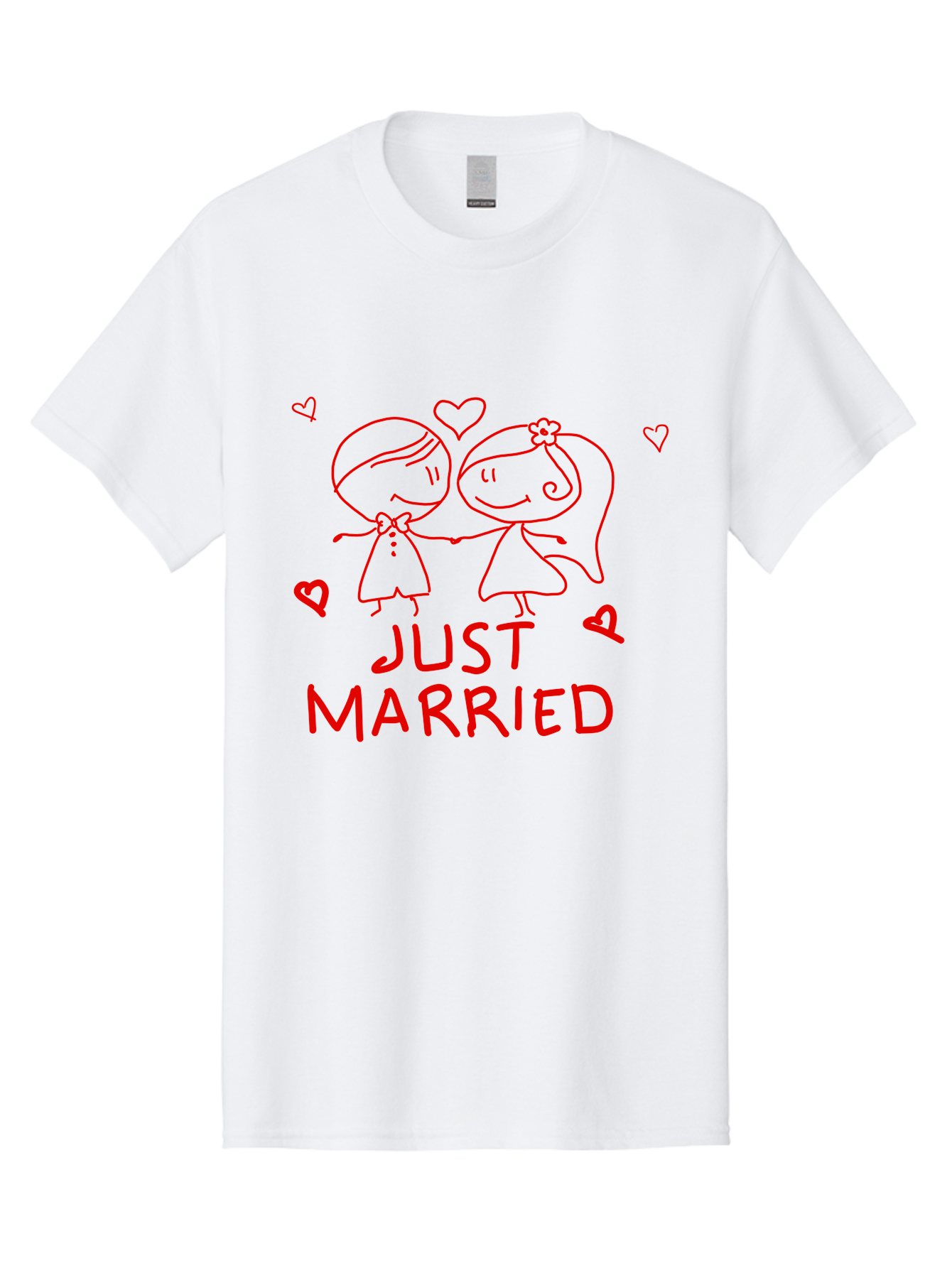 Just-Married Men'S Graphic Tee, 100% Cotton, Comfortable Casual Summer Wear, Machine Washable, Newlywed Couple, Cartoon Bride And Groom, Love Hearts, Red Text, Hand Drawn Illustration, Wedding Celebration, Sweethearts Together, Romantic Art - Aaa084