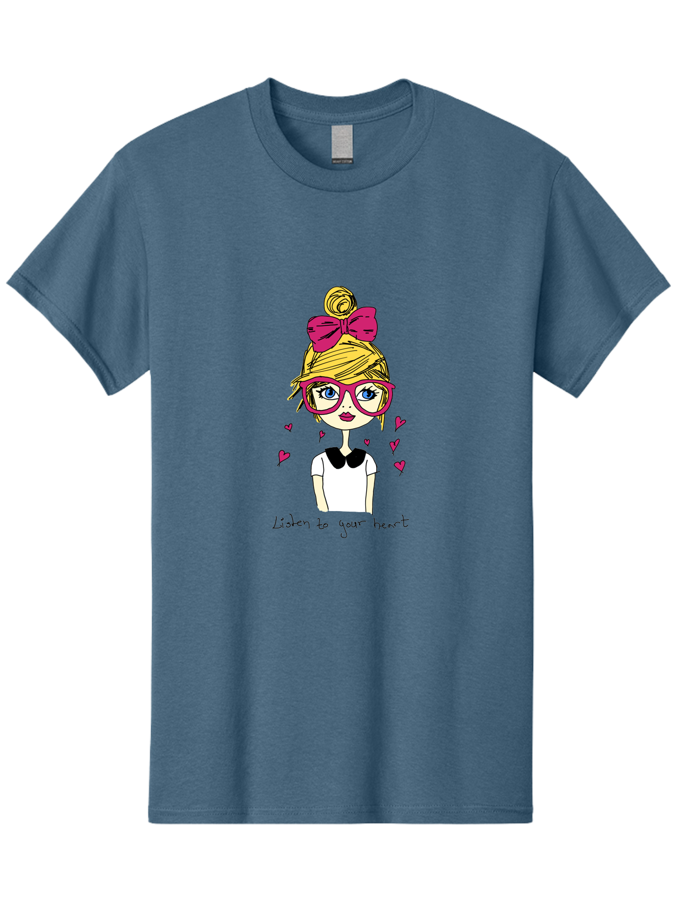 Listen-To-Your-Heart Men'S Graphic Tee, 100% Cotton, Comfortable Casual Summer Wear, Machine Washable, Girl With Pink Glasses And Bow, Blonde Hair, White Shirt, Black Collar, Pink Hearts, Inspirational Quote, Positive Vibes, - Aaa088