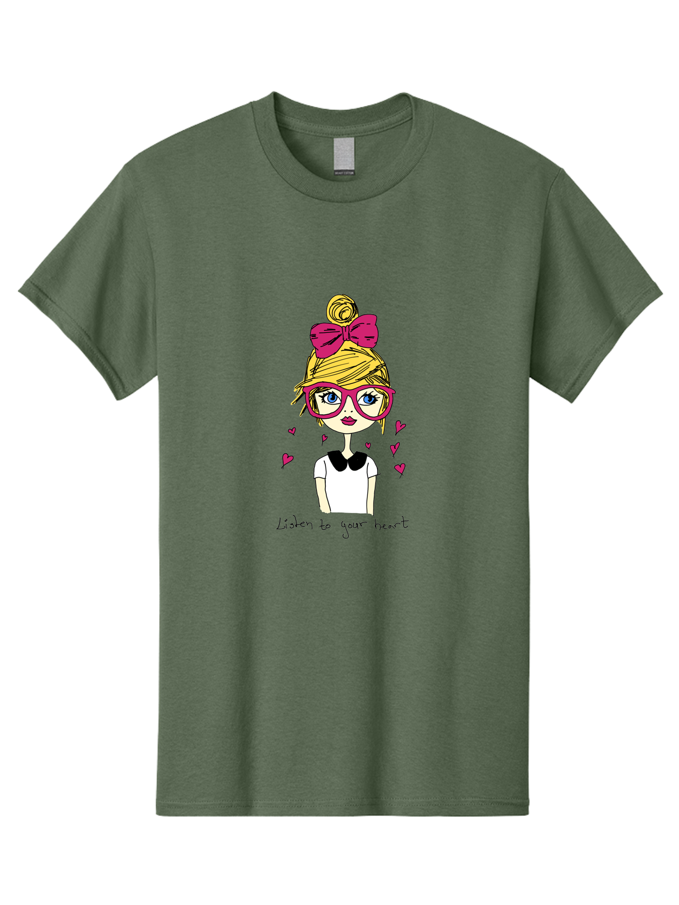Listen-To-Your-Heart Men'S Graphic Tee, 100% Cotton, Comfortable Casual Summer Wear, Machine Washable, Girl With Pink Glasses And Bow, Blonde Hair, White Shirt, Black Collar, Pink Hearts, Inspirational Quote, Positive Vibes, - Aaa088