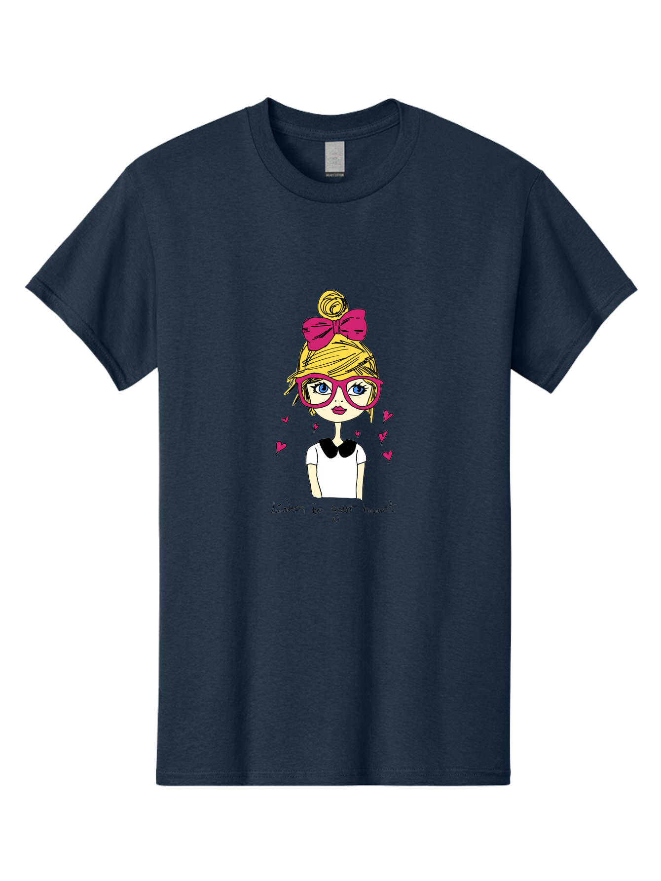 Listen-To-Your-Heart Men'S Graphic Tee, 100% Cotton, Comfortable Casual Summer Wear, Machine Washable, Girl With Pink Glasses And Bow, Blonde Hair, White Shirt, Black Collar, Pink Hearts, Inspirational Quote, Positive Vibes, - Aaa088