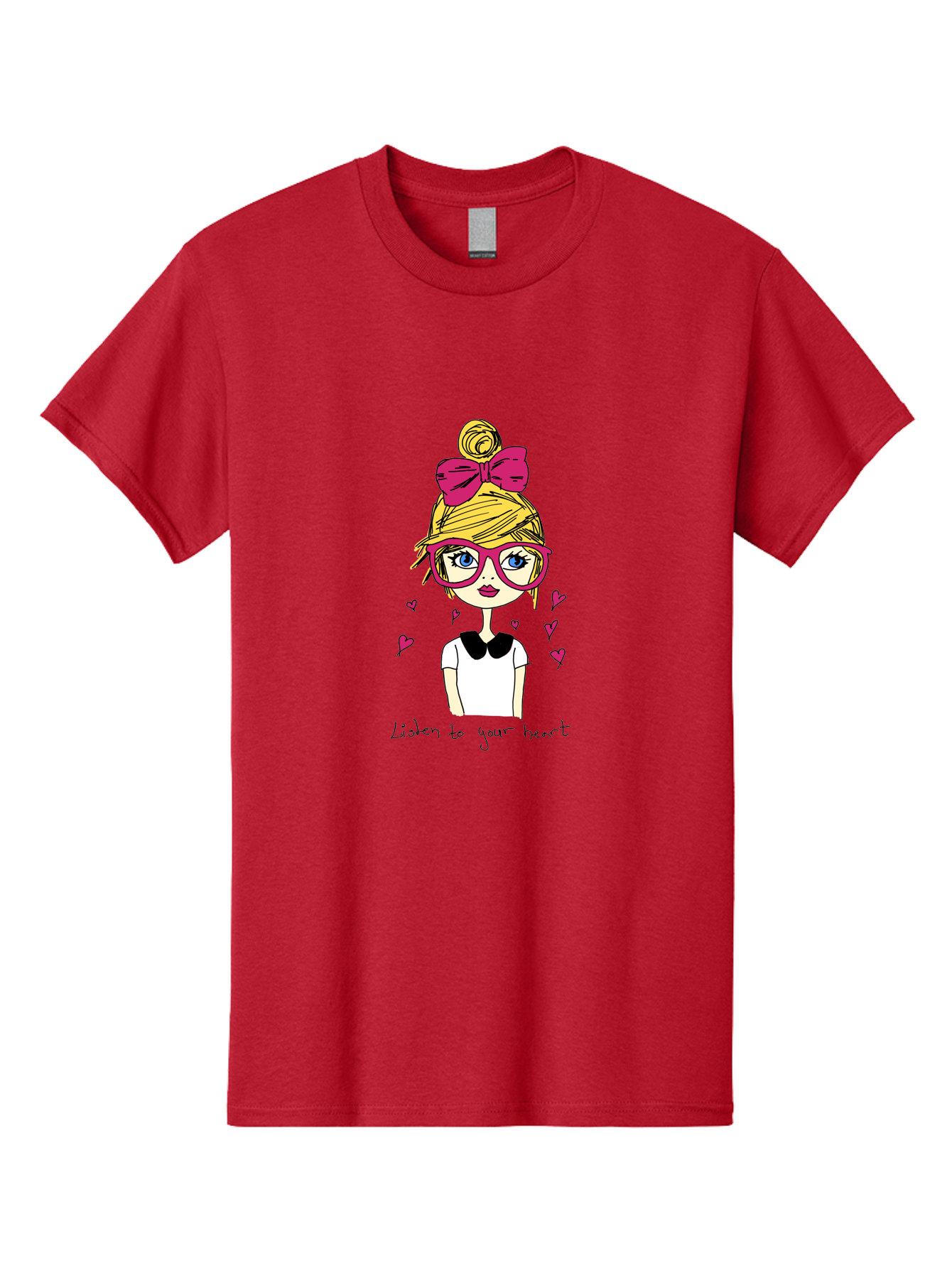 Listen-To-Your-Heart Men'S Graphic Tee, 100% Cotton, Comfortable Casual Summer Wear, Machine Washable, Girl With Pink Glasses And Bow, Blonde Hair, White Shirt, Black Collar, Pink Hearts, Inspirational Quote, Positive Vibes, - Aaa088