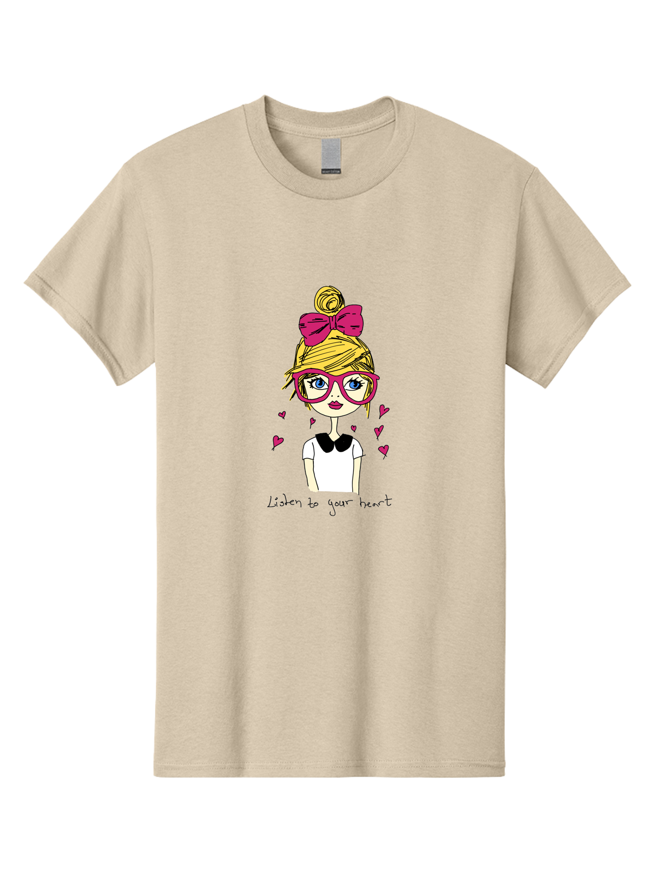 Listen-To-Your-Heart Men'S Graphic Tee, 100% Cotton, Comfortable Casual Summer Wear, Machine Washable, Girl With Pink Glasses And Bow, Blonde Hair, White Shirt, Black Collar, Pink Hearts, Inspirational Quote, Positive Vibes, - Aaa088