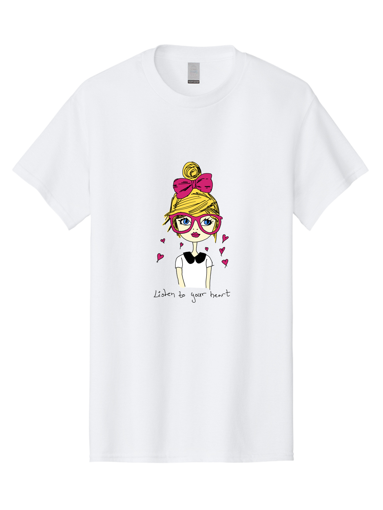 Listen-To-Your-Heart Men'S Graphic Tee, 100% Cotton, Comfortable Casual Summer Wear, Machine Washable, Girl With Pink Glasses And Bow, Blonde Hair, White Shirt, Black Collar, Pink Hearts, Inspirational Quote, Positive Vibes, - Aaa088