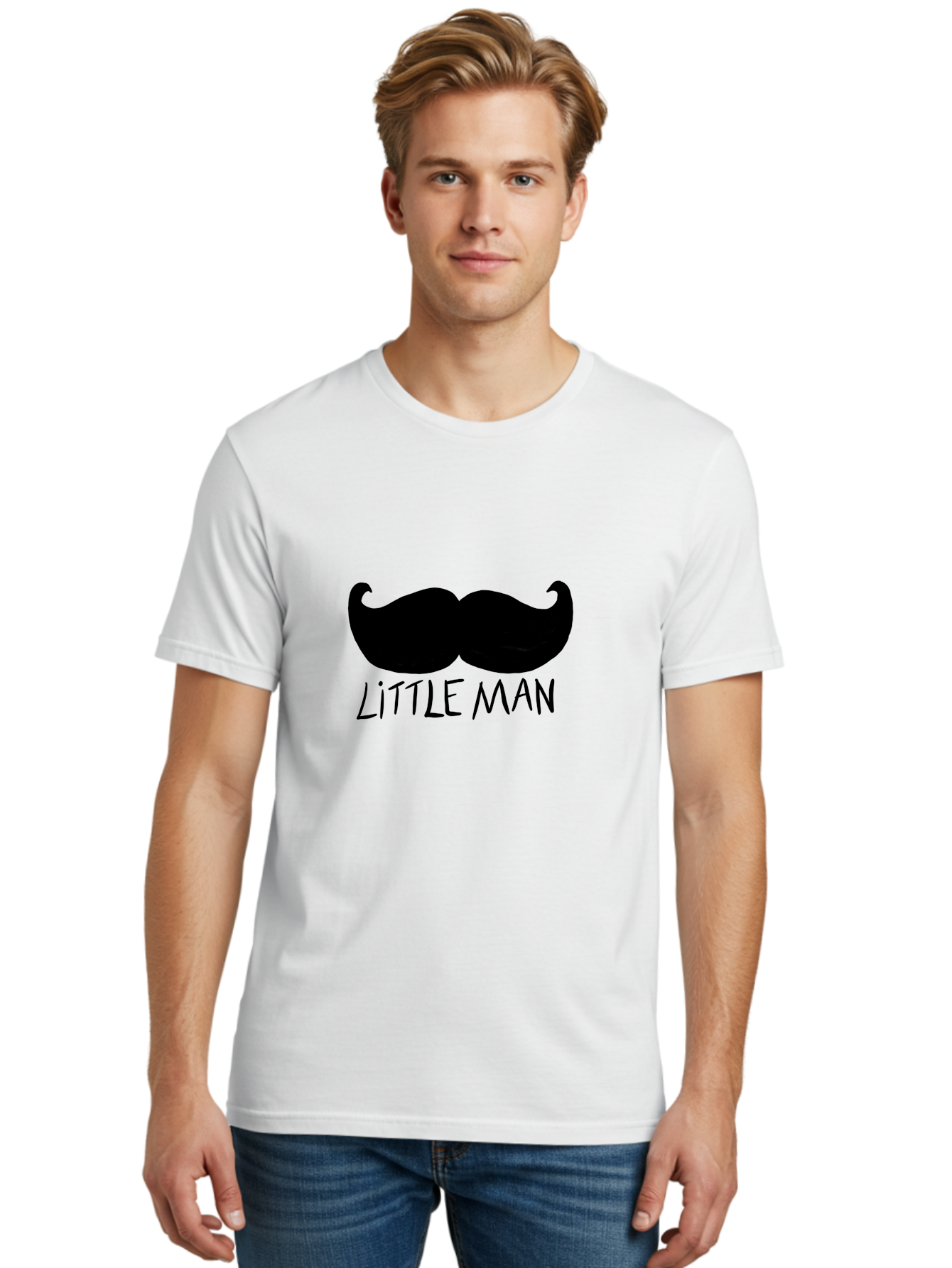 Little-Man Men'S Graphic Tee, 100% Cotton, Comfortable Casual Summer Wear, Machine Washable, Mustache Graphic, Little Man, Fashionable Mustache, Stylish Facial Hair, Masculine Logo, Bold Design, Minimalist Style - Aaa089