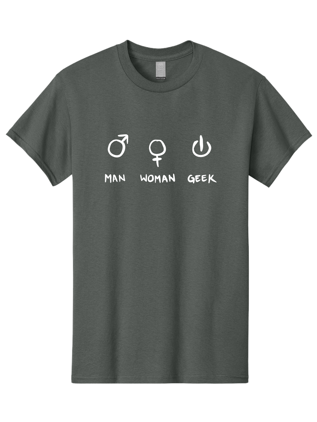Man-Woman-Geek Men'S Graphic Tee, 100% Cotton, Comfortable Casual Summer Wear, Machine Washable, Gender Symbols, Male And Female Icons, Geek Culture, Tech Symbols, Power Button, Simple Graphics, Minimalist Design, Symbolic Representation, - Aaa092