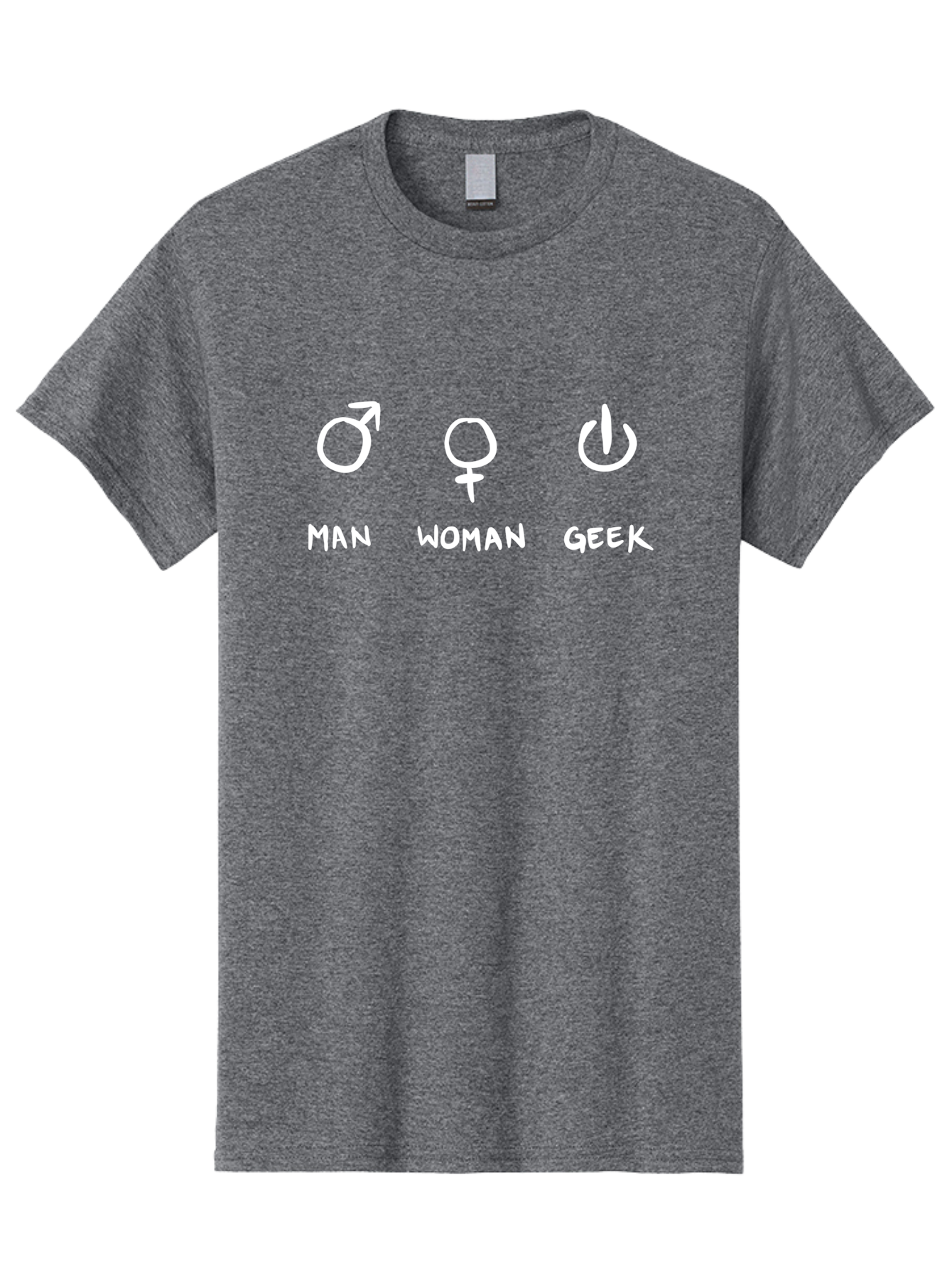 Man-Woman-Geek Men'S Graphic Tee, 100% Cotton, Comfortable Casual Summer Wear, Machine Washable, Gender Symbols, Male And Female Icons, Geek Culture, Tech Symbols, Power Button, Simple Graphics, Minimalist Design, Symbolic Representation, - Aaa092