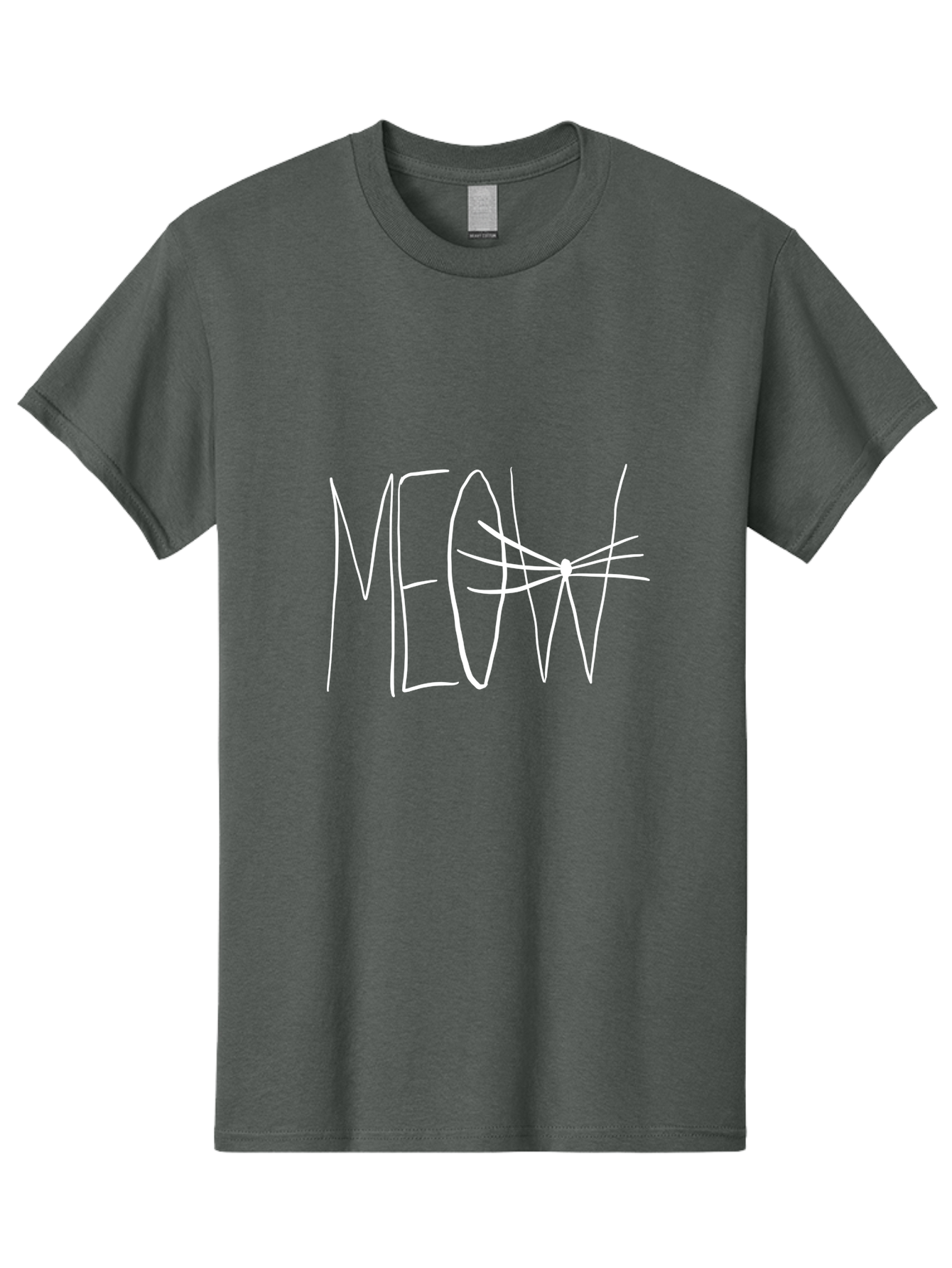 Meow Men'S Graphic Tee, 100% Cotton, Comfortable Casual Summer Wear, Machine Washable, Handwritten Cat Sound, Whimsical Font, Feline Theme, Meow Text, Playful Design, Cat Lovers, Cute Typography, White On Green - Aaa095