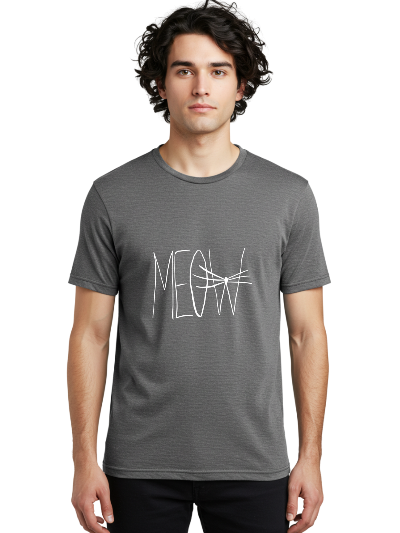 Meow Men'S Graphic Tee, 100% Cotton, Comfortable Casual Summer Wear, Machine Washable, Handwritten Cat Sound, Whimsical Font, Feline Theme, Meow Text, Playful Design, Cat Lovers, Cute Typography, White On Green - Aaa095