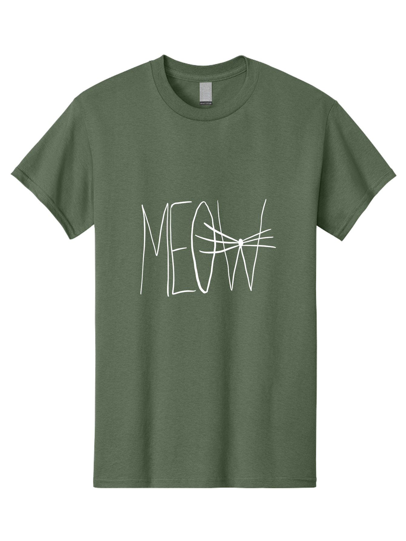 Meow Men'S Graphic Tee, 100% Cotton, Comfortable Casual Summer Wear, Machine Washable, Handwritten Cat Sound, Whimsical Font, Feline Theme, Meow Text, Playful Design, Cat Lovers, Cute Typography, White On Green - Aaa095