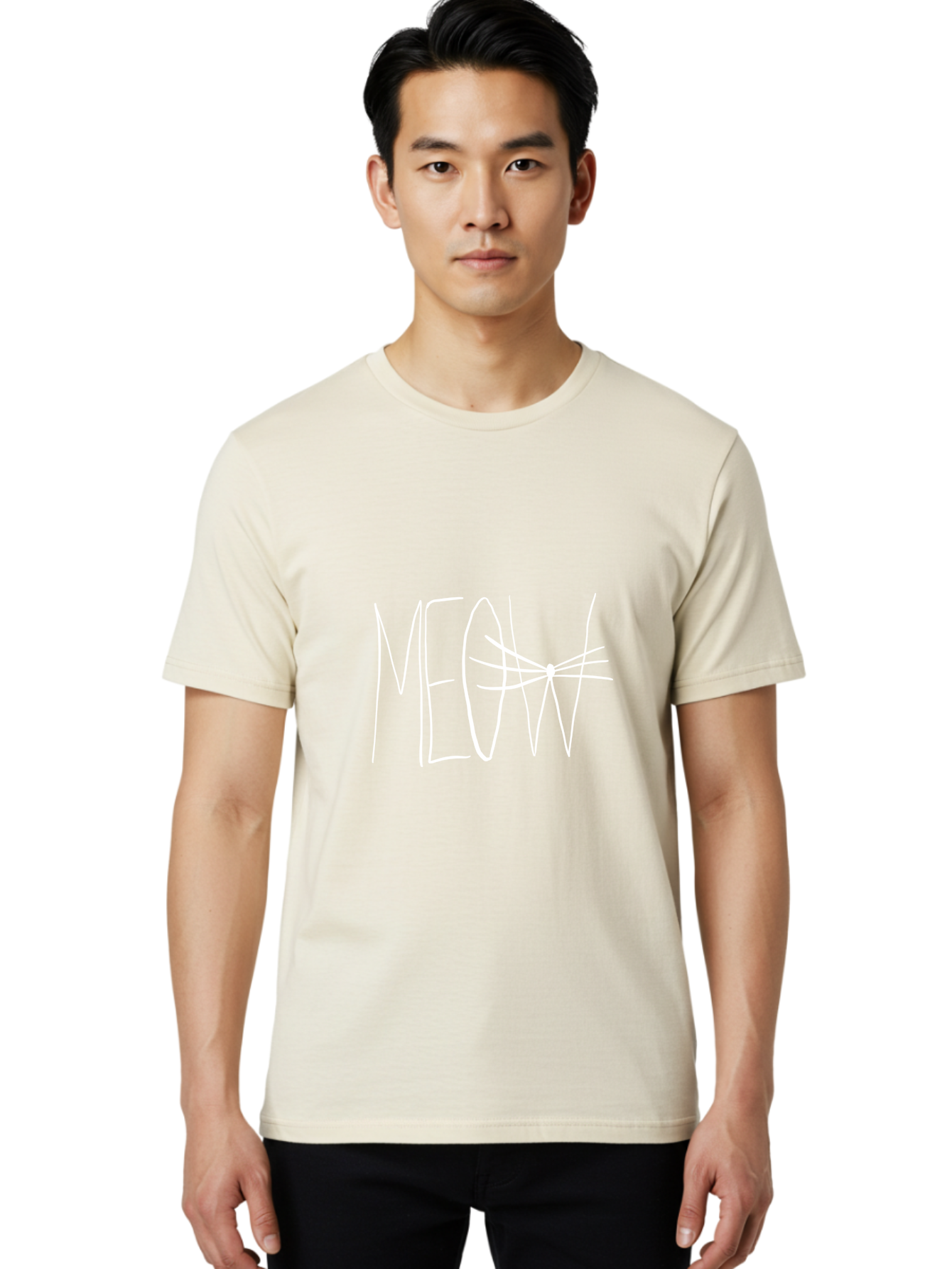 Meow Men'S Graphic Tee, 100% Cotton, Comfortable Casual Summer Wear, Machine Washable, Handwritten Cat Sound, Whimsical Font, Feline Theme, Meow Text, Playful Design, Cat Lovers, Cute Typography, White On Green - Aaa095