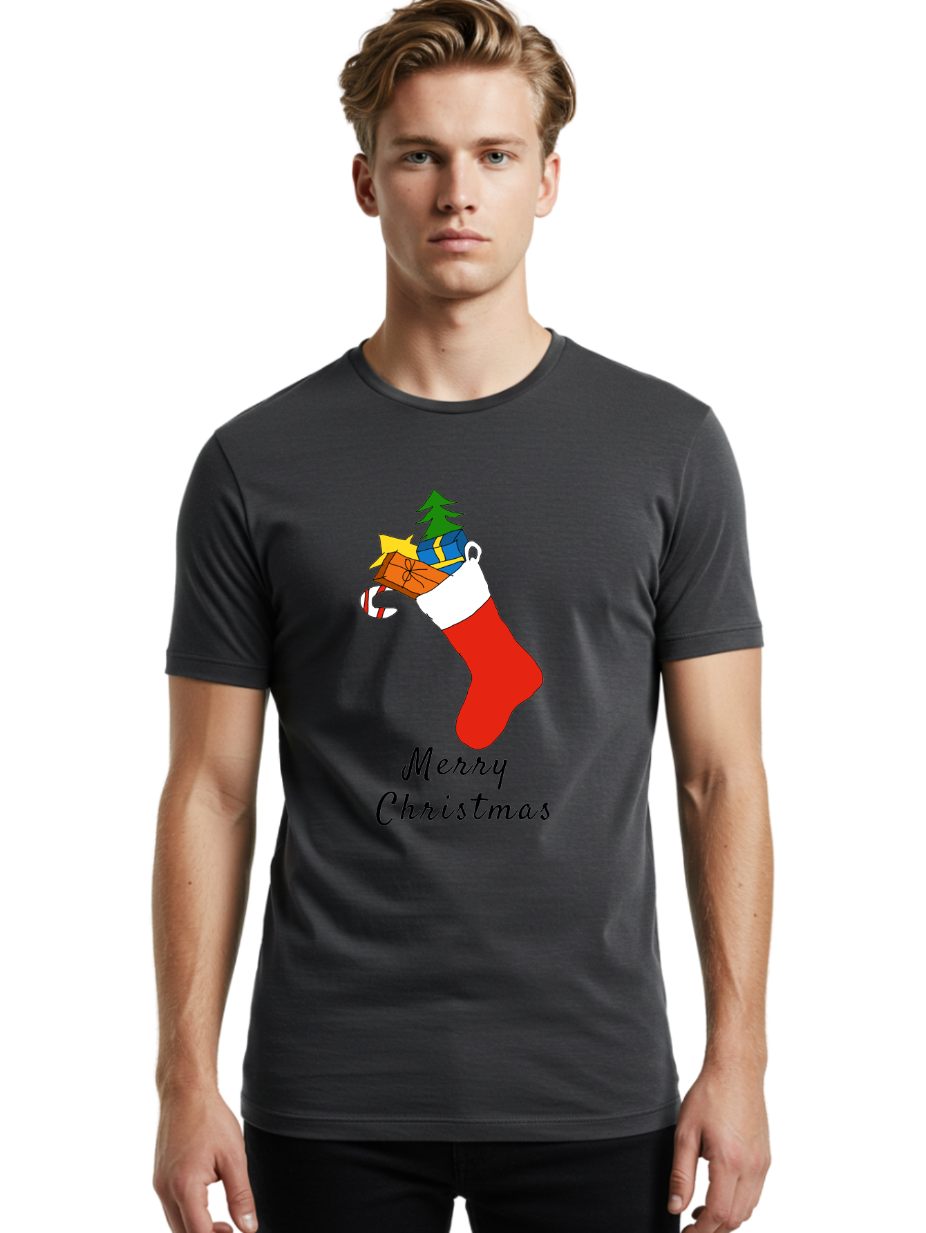 Merry-Christmas-1 Men'S Graphic Tee, 100% Cotton, Comfortable Casual Summer Wear, Machine Washable, Christmas Stocking, Holiday Gifts, Festive Decorations, Christmas Tree, Wrapped Presents, Candy Cane, Merry Christmas Greeting, - Aaa096
