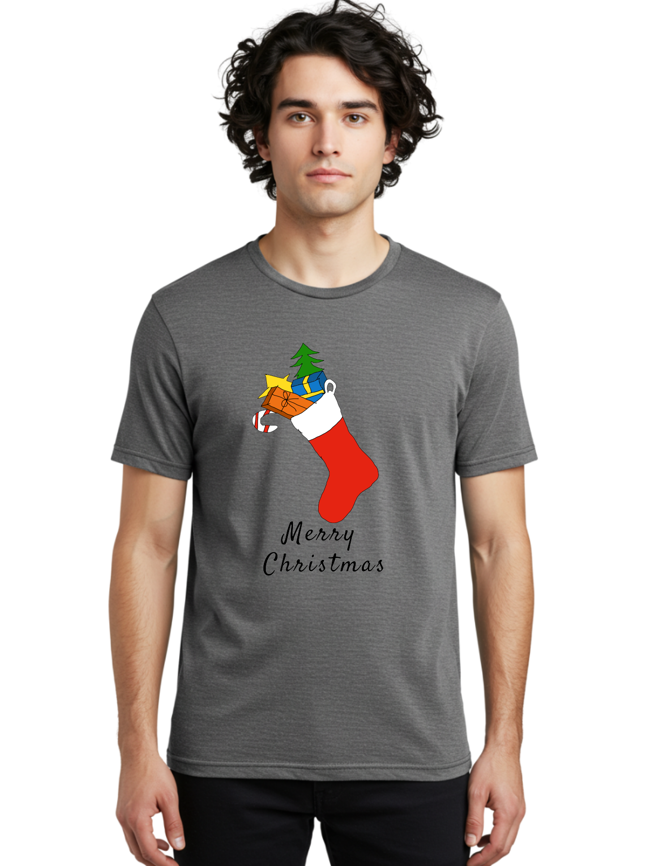 Merry-Christmas-1 Men'S Graphic Tee, 100% Cotton, Comfortable Casual Summer Wear, Machine Washable, Christmas Stocking, Holiday Gifts, Festive Decorations, Christmas Tree, Wrapped Presents, Candy Cane, Merry Christmas Greeting, - Aaa096