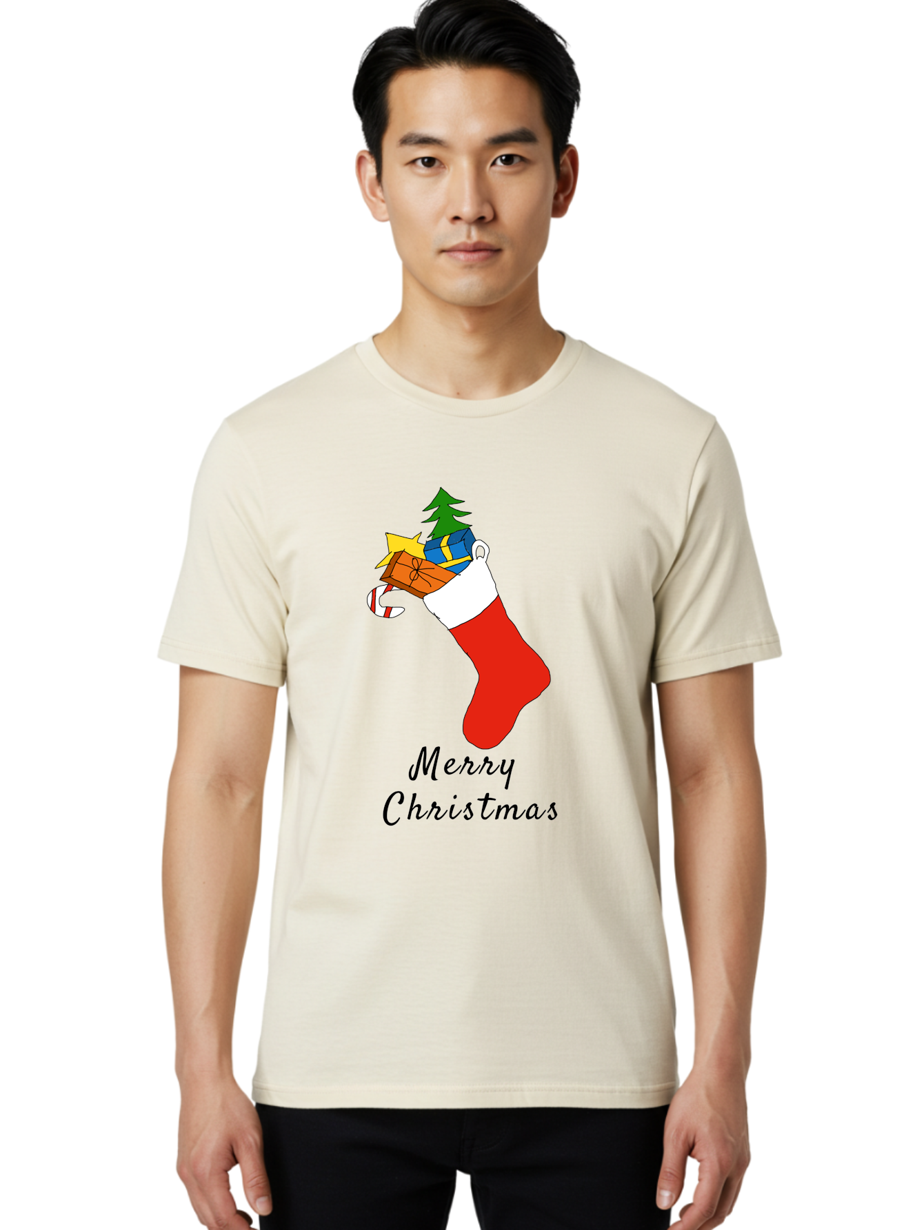 Merry-Christmas-1 Men'S Graphic Tee, 100% Cotton, Comfortable Casual Summer Wear, Machine Washable, Christmas Stocking, Holiday Gifts, Festive Decorations, Christmas Tree, Wrapped Presents, Candy Cane, Merry Christmas Greeting, - Aaa096