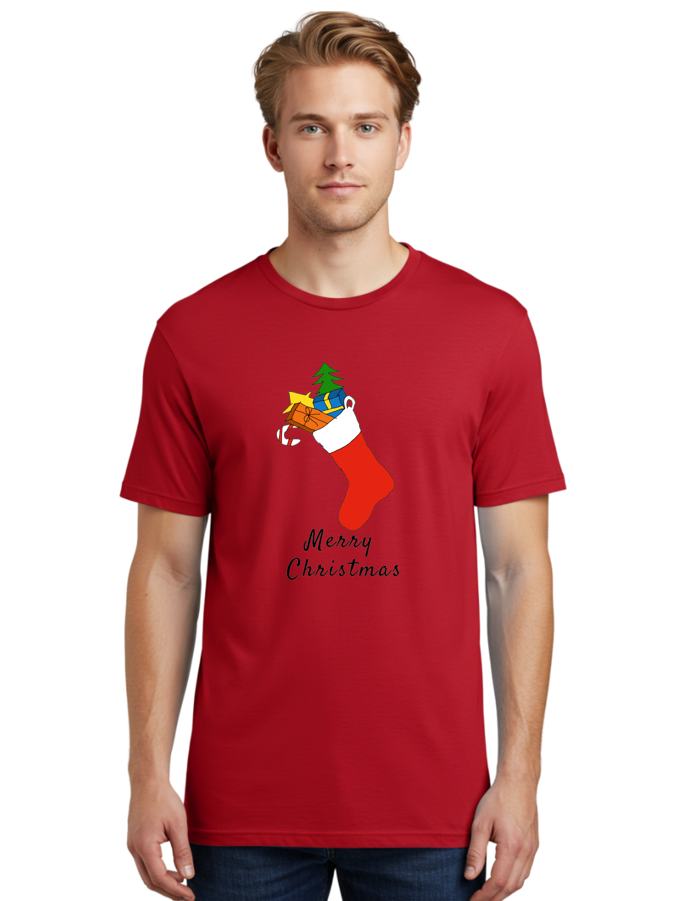 Merry-Christmas-1 Men'S Graphic Tee, 100% Cotton, Comfortable Casual Summer Wear, Machine Washable, Christmas Stocking, Holiday Gifts, Festive Decorations, Christmas Tree, Wrapped Presents, Candy Cane, Merry Christmas Greeting, - Aaa096