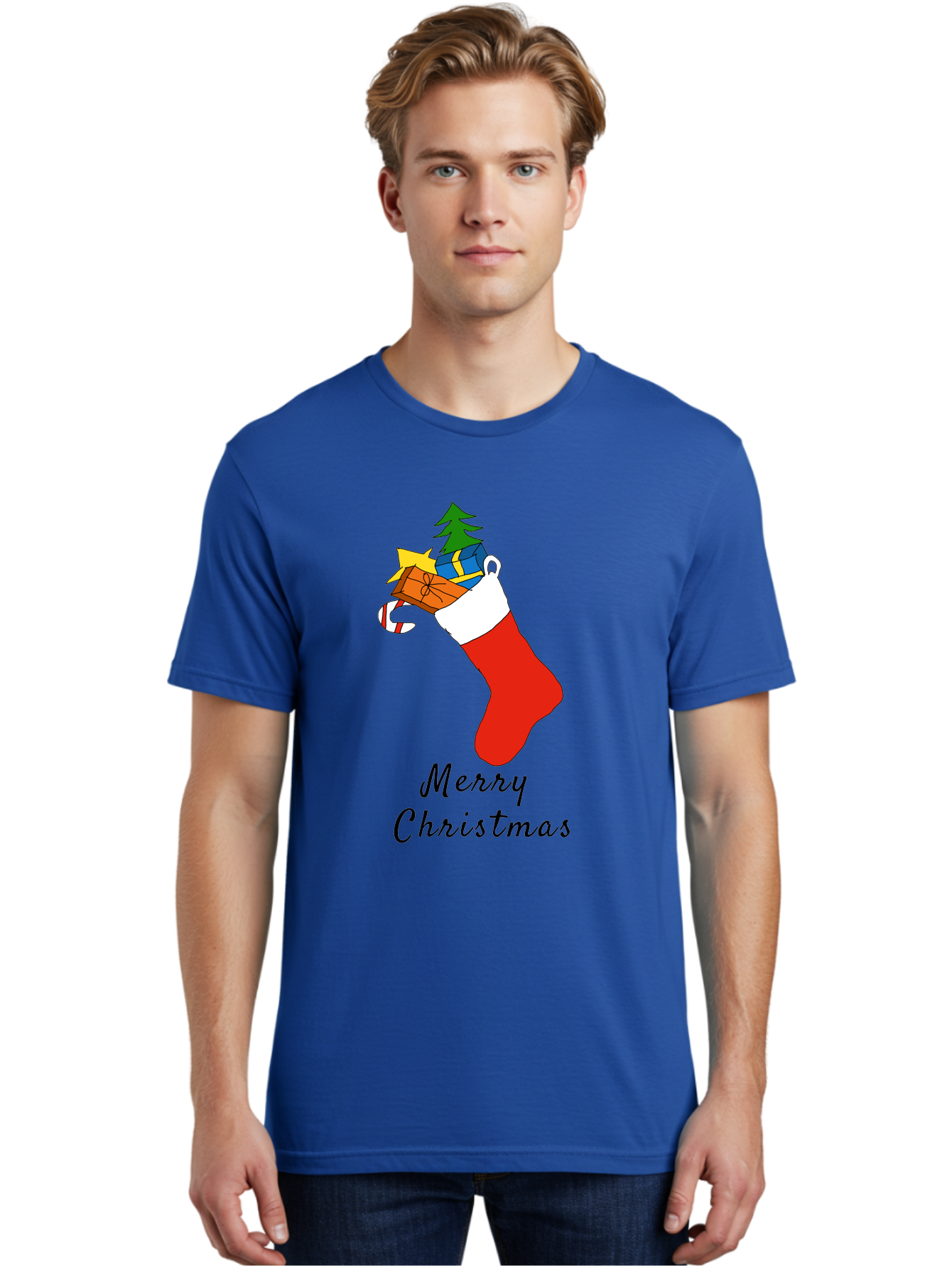 Merry-Christmas-1 Men'S Graphic Tee, 100% Cotton, Comfortable Casual Summer Wear, Machine Washable, Christmas Stocking, Holiday Gifts, Festive Decorations, Christmas Tree, Wrapped Presents, Candy Cane, Merry Christmas Greeting, - Aaa096