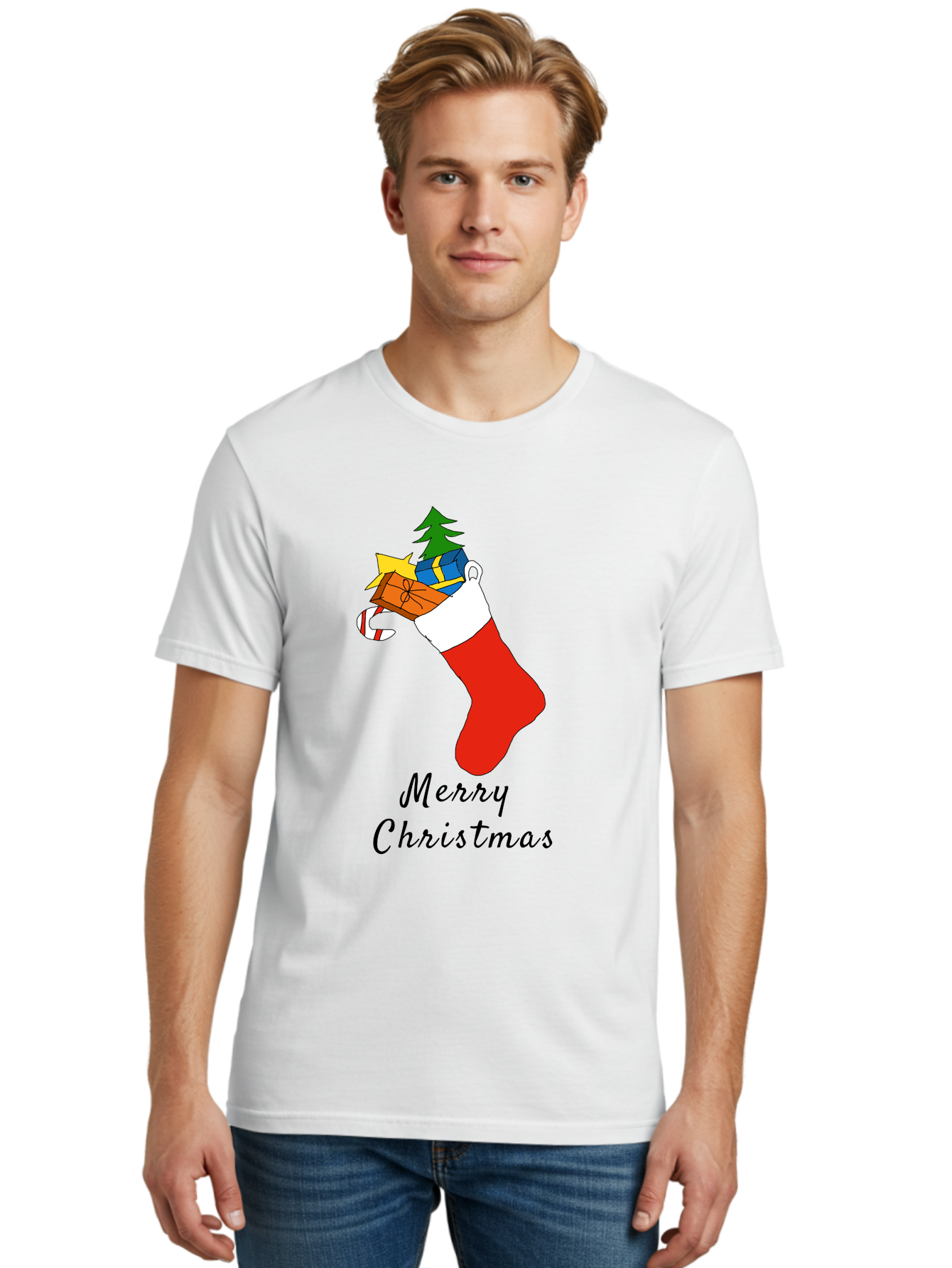 Merry-Christmas-1 Men'S Graphic Tee, 100% Cotton, Comfortable Casual Summer Wear, Machine Washable, Christmas Stocking, Holiday Gifts, Festive Decorations, Christmas Tree, Wrapped Presents, Candy Cane, Merry Christmas Greeting, - Aaa096