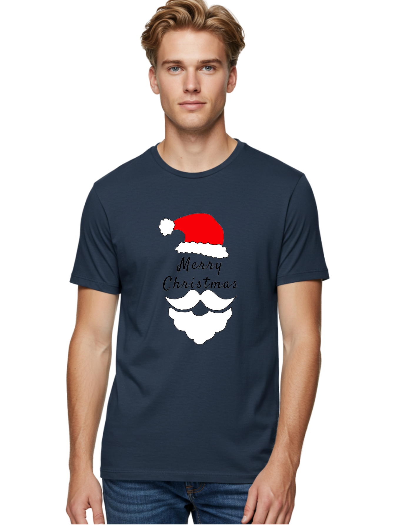 Merry-Christmas Men'S Graphic Tee, 100% Cotton, Comfortable Casual Summer Wear, Machine Washable, Merry Christmas, Santa Hat, White Beard, Festive Season, Holiday Greeting, Christmas Wishes, Jolly Old Saint Nick, Winter Wonderland, - Aaa097