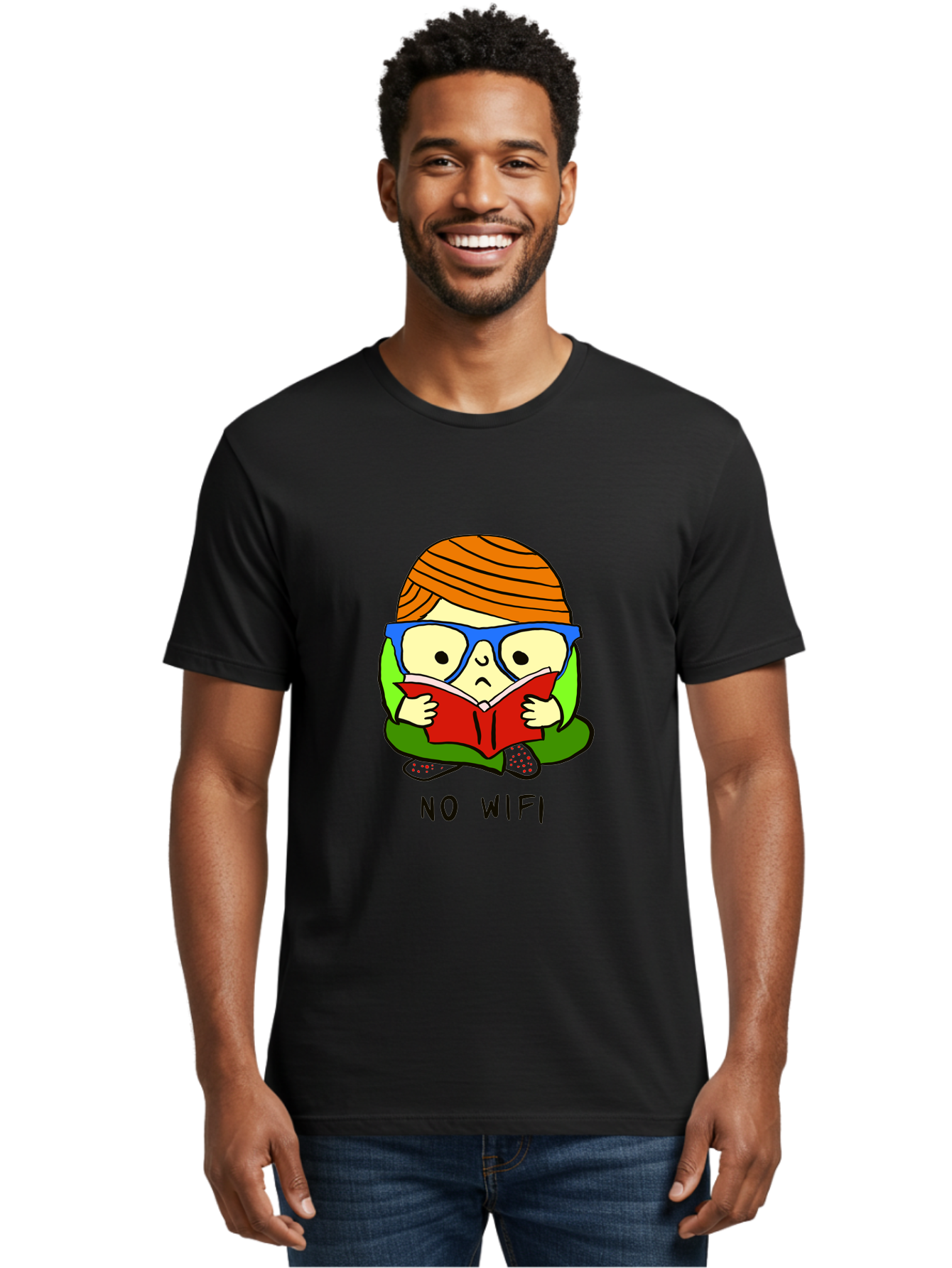 person reading a book, wearing glasses, orange head wrap, offline mode, digital detox, relaxed atmosphere, calm environment, reading culture