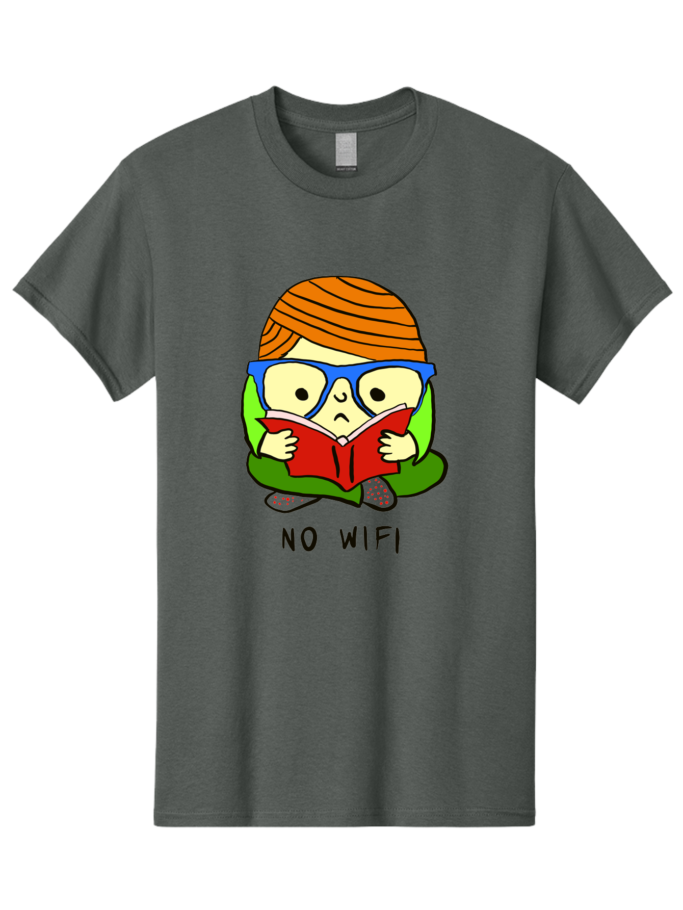 person reading a book, wearing glasses, orange head wrap, offline mode, digital detox, relaxed atmosphere, calm environment, reading culture