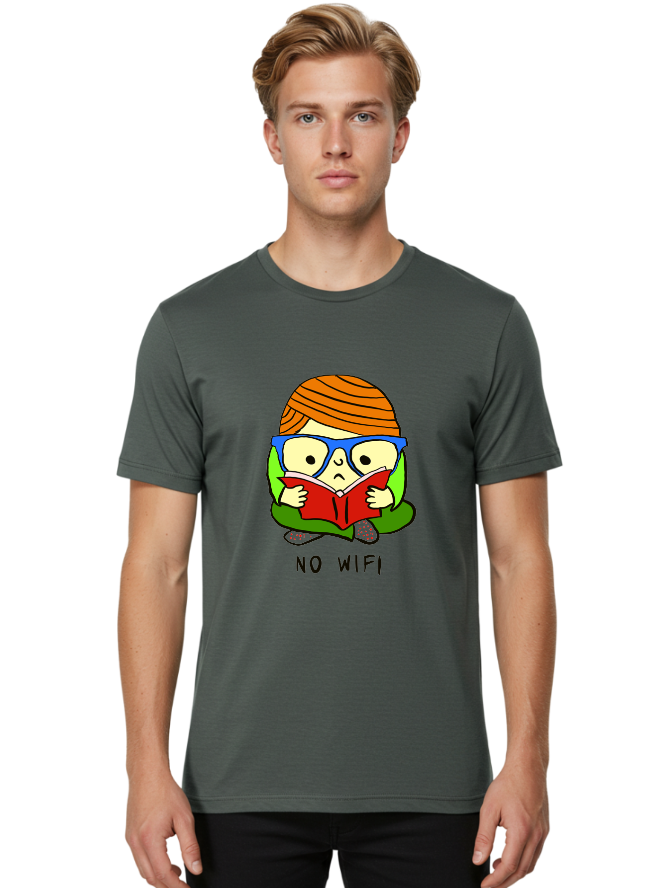 person reading a book, wearing glasses, orange head wrap, offline mode, digital detox, relaxed atmosphere, calm environment, reading culture