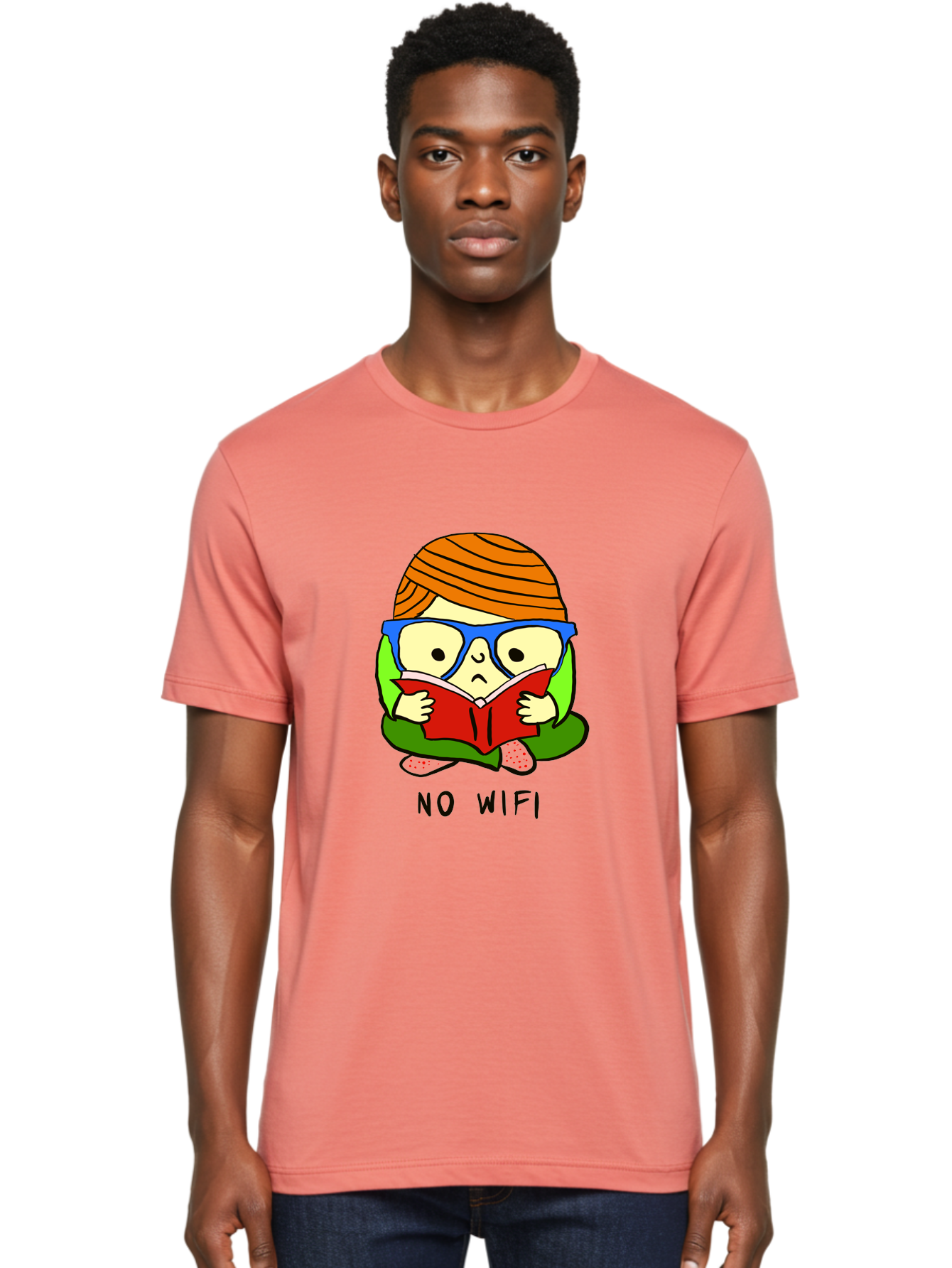 person reading a book, wearing glasses, orange head wrap, offline mode, digital detox, relaxed atmosphere, calm environment, reading culture