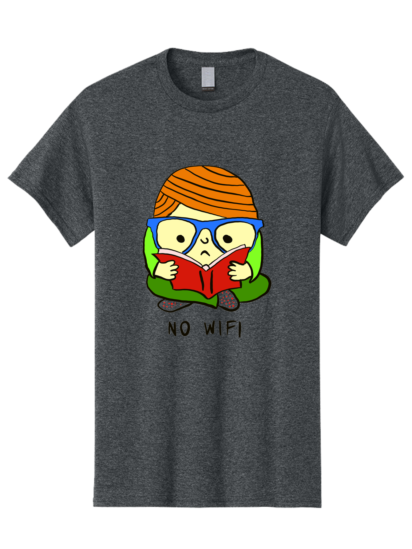 person reading a book, wearing glasses, orange head wrap, offline mode, digital detox, relaxed atmosphere, calm environment, reading culture