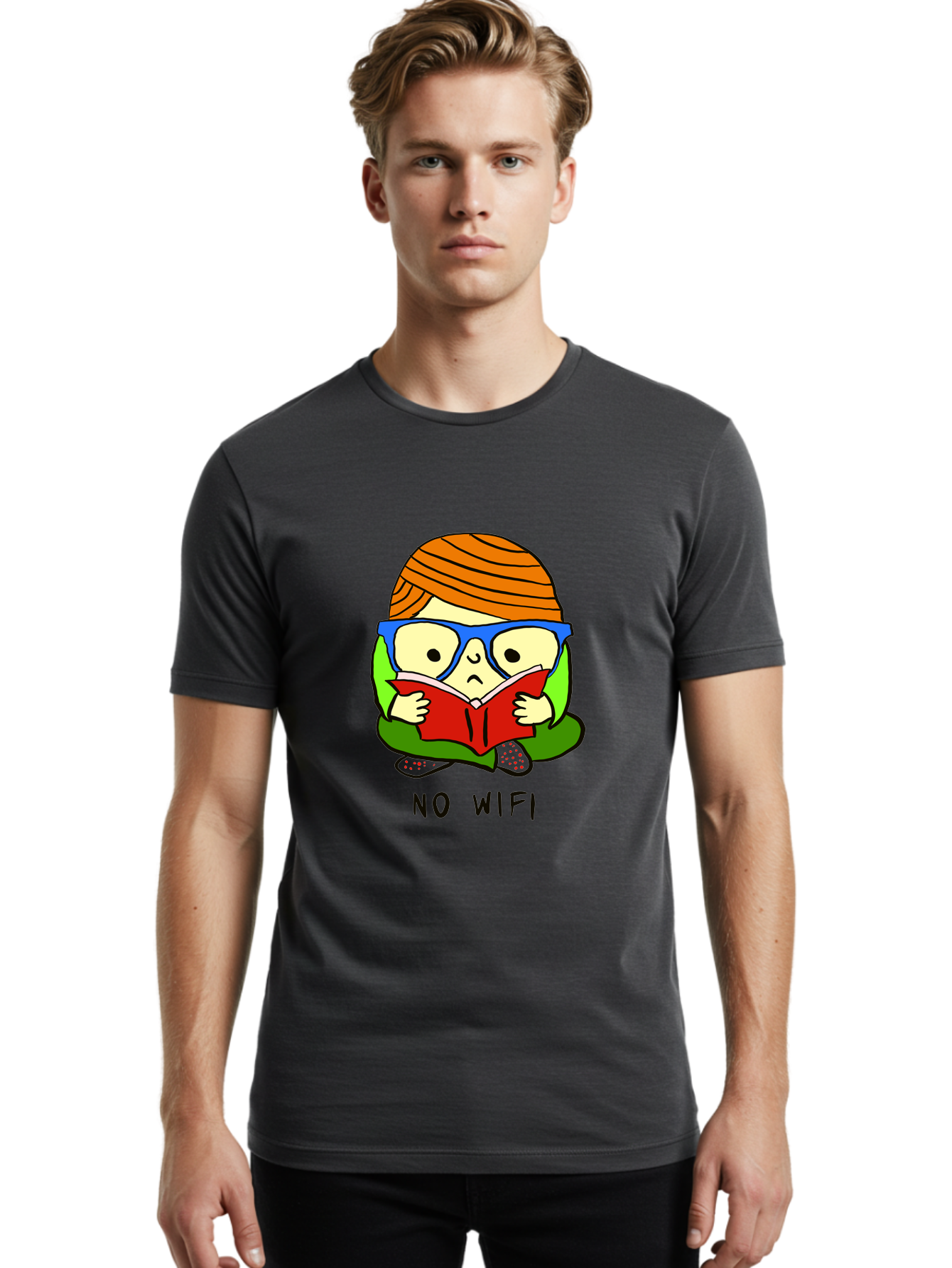 person reading a book, wearing glasses, orange head wrap, offline mode, digital detox, relaxed atmosphere, calm environment, reading culture