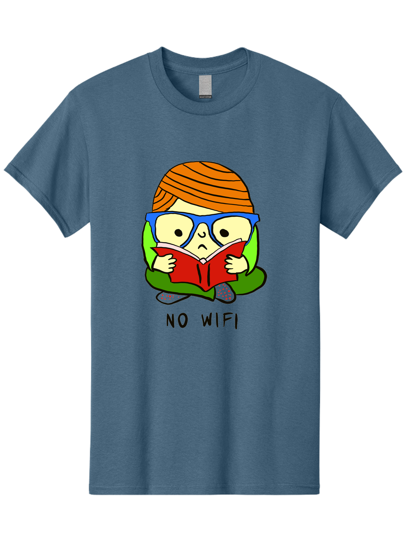 No-Wifi Men'S Graphic Tee, 100% Cotton, Comfortable Casual Summer Wear, Machine Washable, Person Reading A Book, Wearing Glasses, Orange Head Wrap, Offline Mode, Digital Detox, Relaxed Atmosphere, Calm Environment, Reading Culture - Aaa100