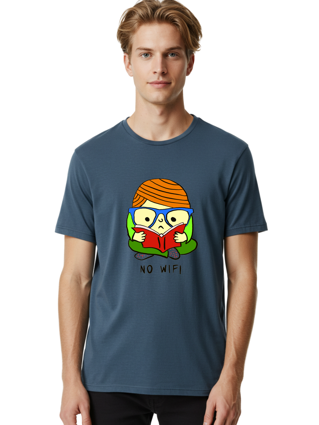 person reading a book, wearing glasses, orange head wrap, offline mode, digital detox, relaxed atmosphere, calm environment, reading culture