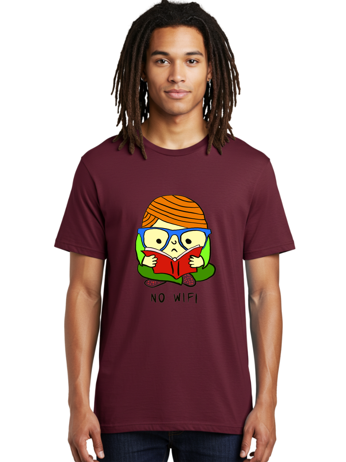 person reading a book, wearing glasses, orange head wrap, offline mode, digital detox, relaxed atmosphere, calm environment, reading culture