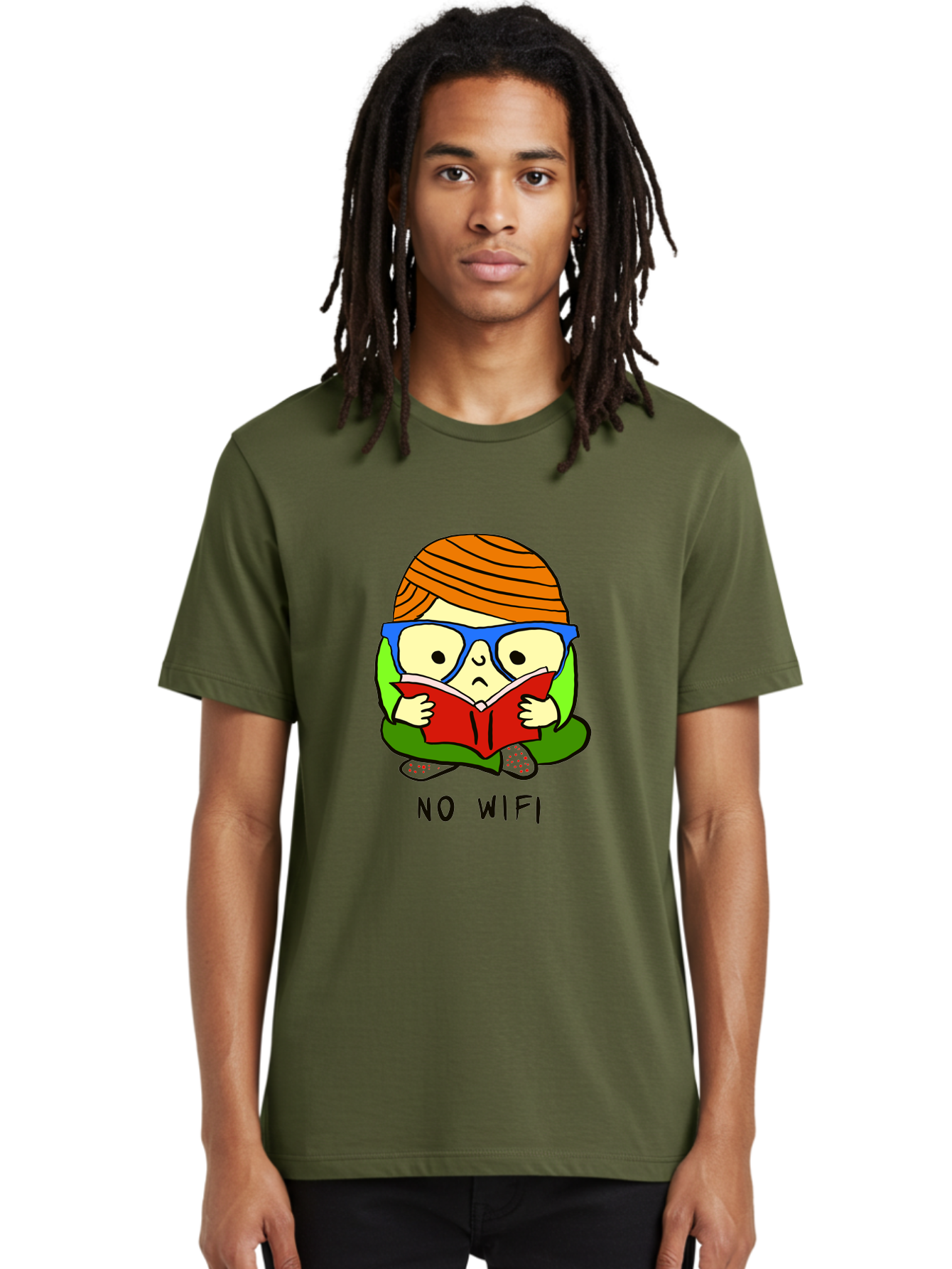 person reading a book, wearing glasses, orange head wrap, offline mode, digital detox, relaxed atmosphere, calm environment, reading culture