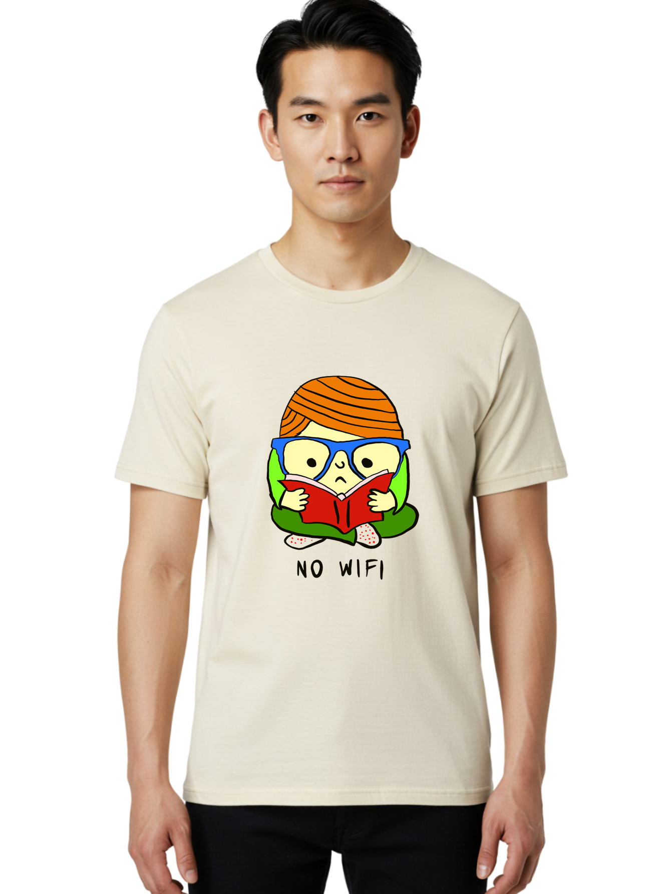 person reading a book, wearing glasses, orange head wrap, offline mode, digital detox, relaxed atmosphere, calm environment, reading culture
