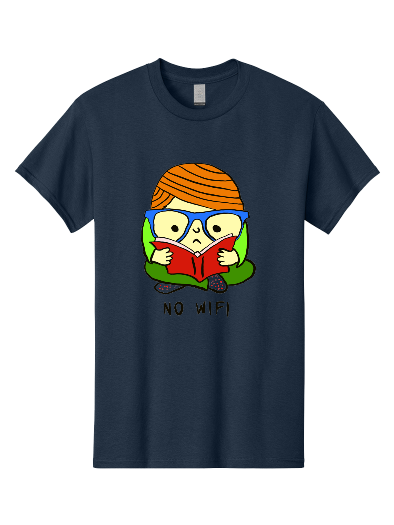 person reading a book, wearing glasses, orange head wrap, offline mode, digital detox, relaxed atmosphere, calm environment, reading culture