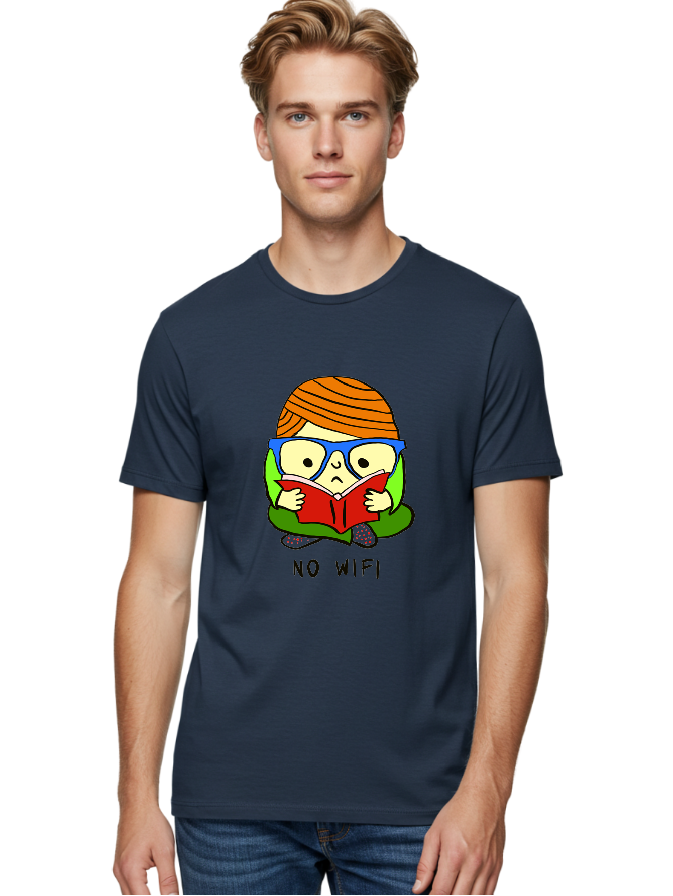 No-Wifi Men'S Graphic Tee, 100% Cotton, Comfortable Casual Summer Wear, Machine Washable, Person Reading A Book, Wearing Glasses, Orange Head Wrap, Offline Mode, Digital Detox, Relaxed Atmosphere, Calm Environment, Reading Culture - Aaa100