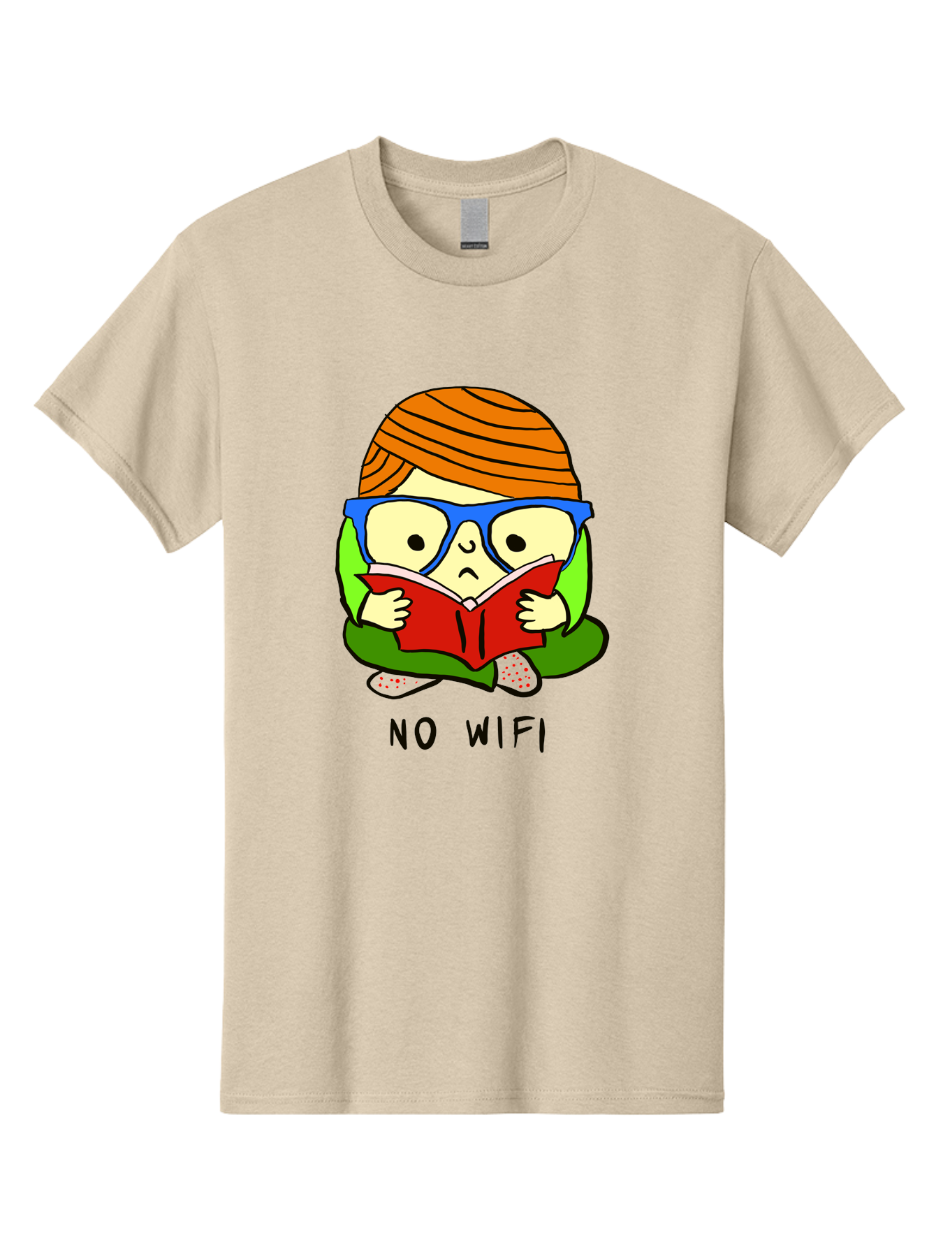 person reading a book, wearing glasses, orange head wrap, offline mode, digital detox, relaxed atmosphere, calm environment, reading culture