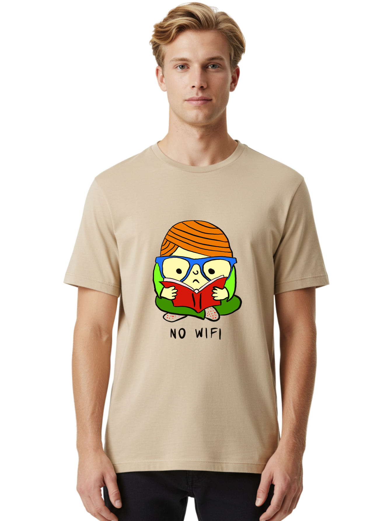 person reading a book, wearing glasses, orange head wrap, offline mode, digital detox, relaxed atmosphere, calm environment, reading culture