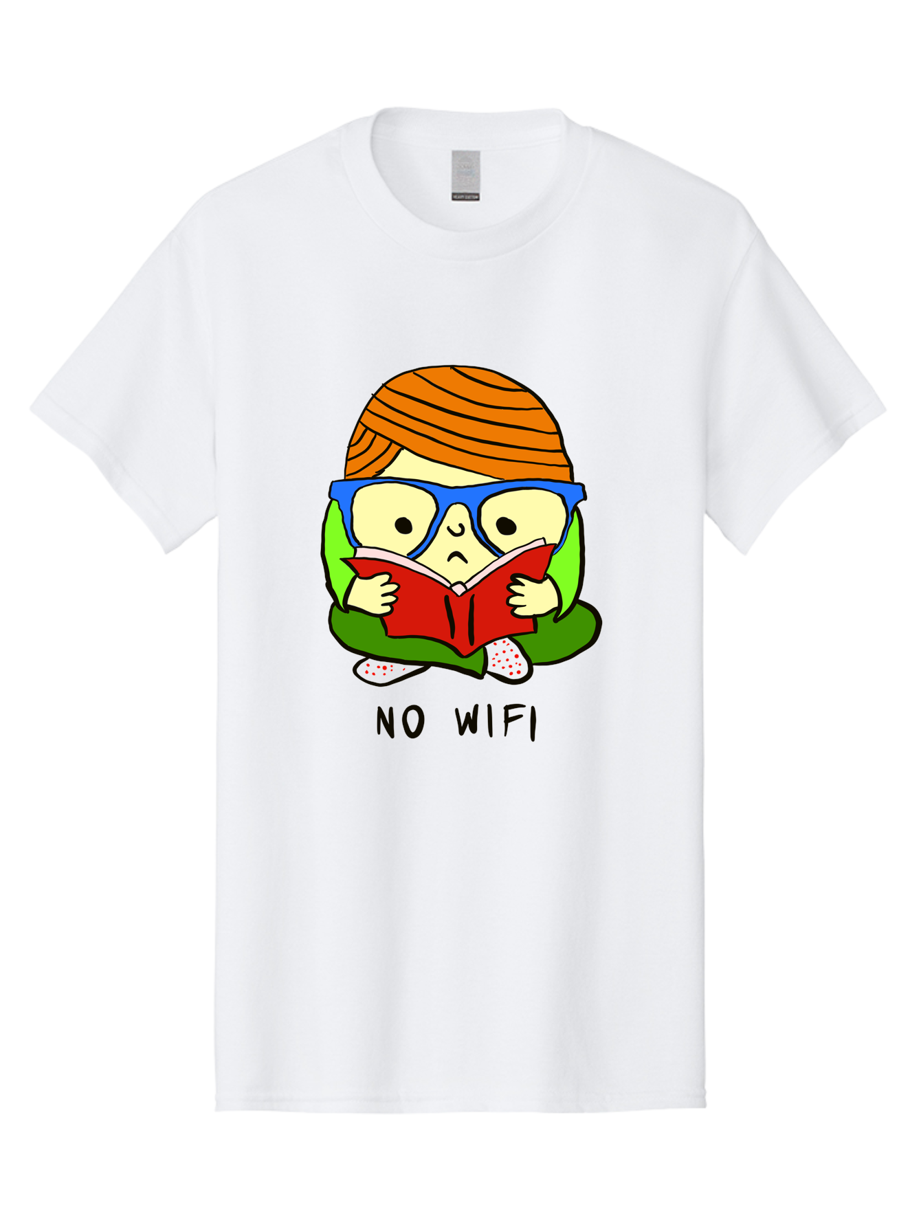 person reading a book, wearing glasses, orange head wrap, offline mode, digital detox, relaxed atmosphere, calm environment, reading culture