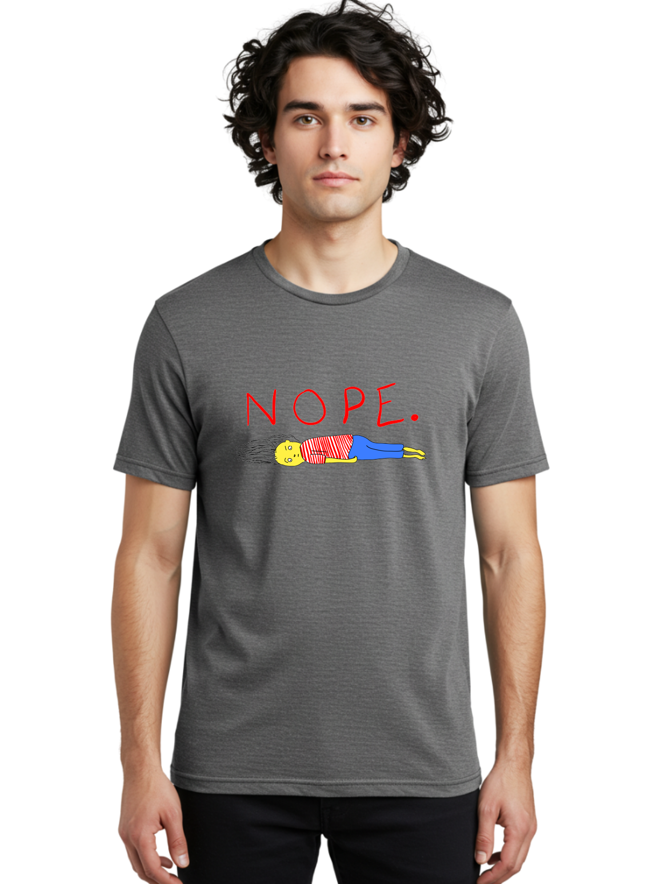 Nope Men'S Graphic Tee, 100% Cotton, Comfortable Casual Summer Wear, Machine Washable, Cartoon Character Lying Down, Refusal, Rejection, Humor, Funny, Relaxed, Laid-Back, Nope Text - Aaa101