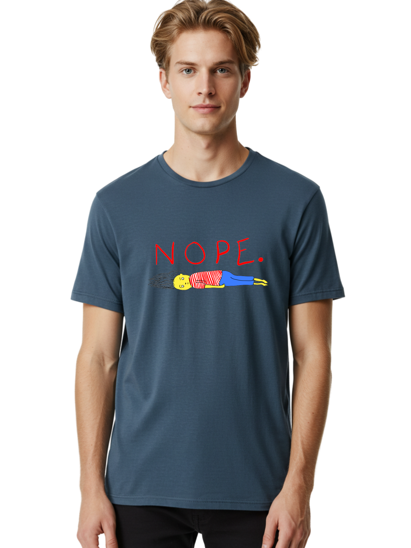 Nope Men'S Graphic Tee, 100% Cotton, Comfortable Casual Summer Wear, Machine Washable, Cartoon Character Lying Down, Refusal, Rejection, Humor, Funny, Relaxed, Laid-Back, Nope Text - Aaa101