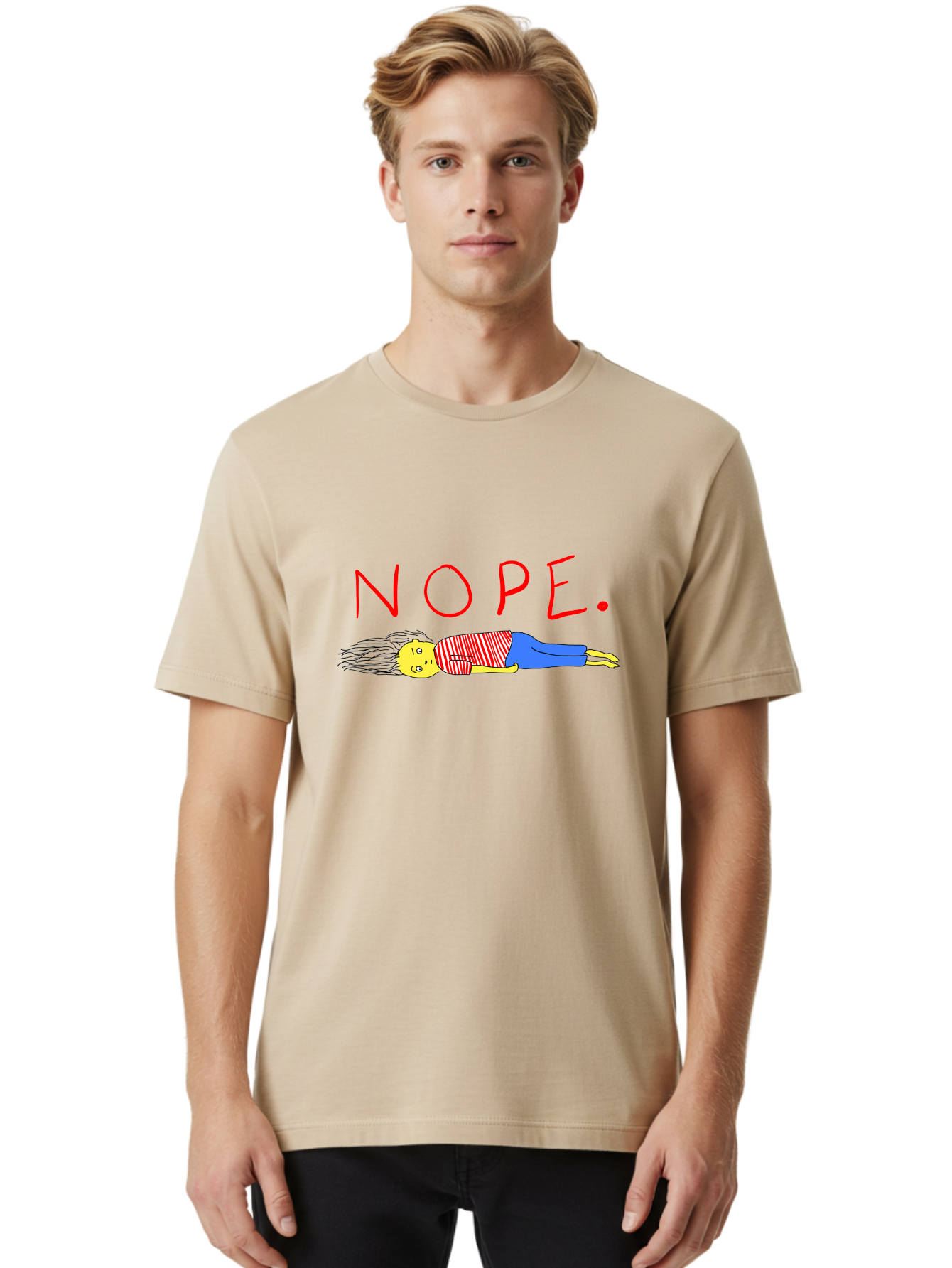 Nope Men'S Graphic Tee, 100% Cotton, Comfortable Casual Summer Wear, Machine Washable, Cartoon Character Lying Down, Refusal, Rejection, Humor, Funny, Relaxed, Laid-Back, Nope Text - Aaa101
