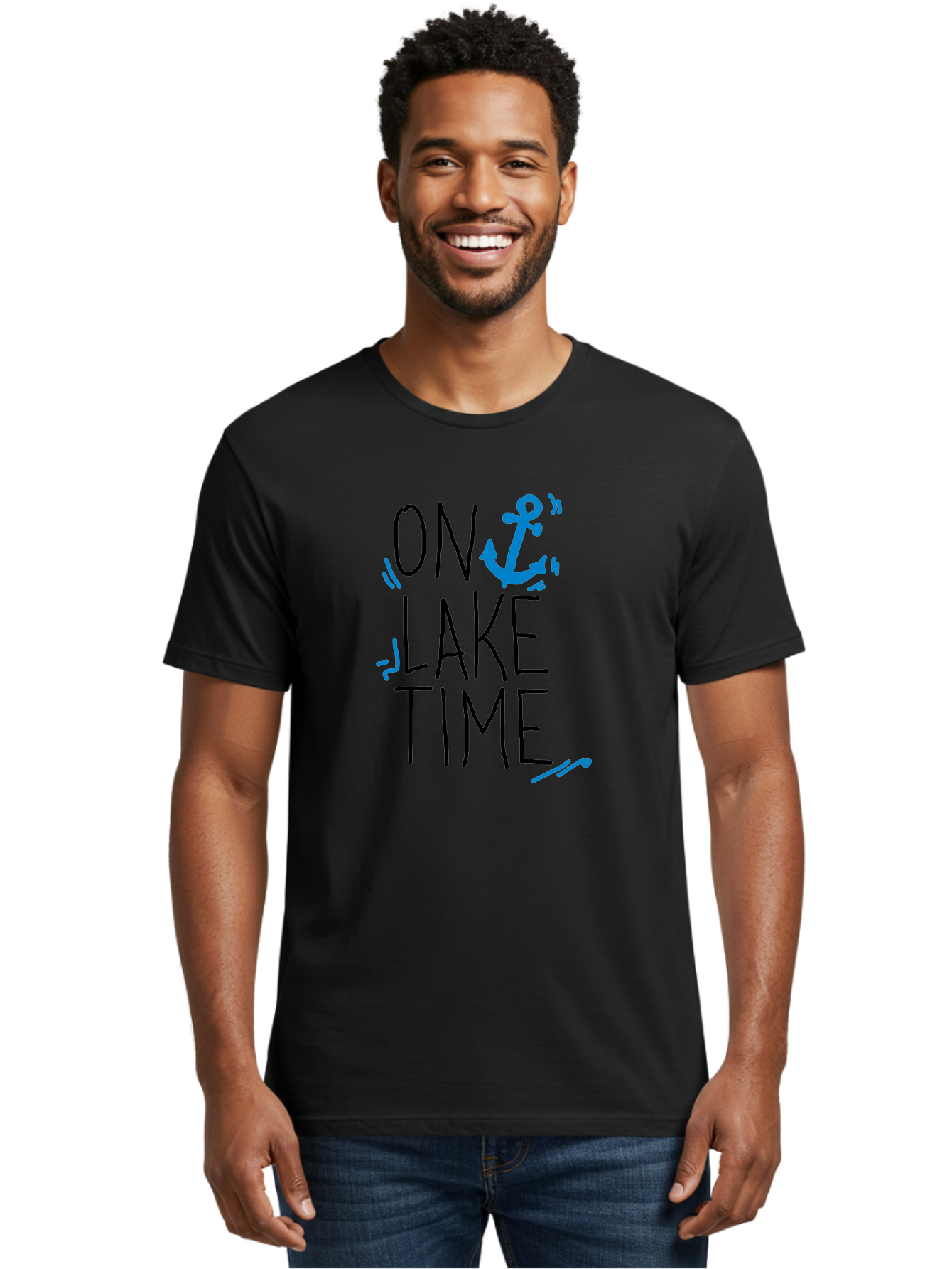 On-Lake-Time Men'S Graphic Tee, 100% Cotton, Comfortable Casual Summer Wear, Machine Washable, Lake Life, Anchor Symbol, Lake Time, Water Activities, Boating, Sailing, Relaxation, Leisure Time, Summer Fun, Nautical Theme - Aaa105