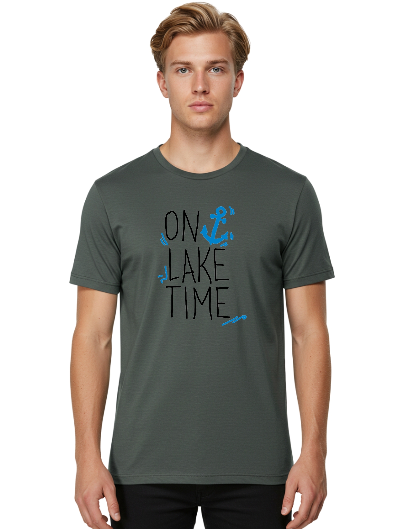 On-Lake-Time Men'S Graphic Tee, 100% Cotton, Comfortable Casual Summer Wear, Machine Washable, Lake Life, Anchor Symbol, Lake Time, Water Activities, Boating, Sailing, Relaxation, Leisure Time, Summer Fun, Nautical Theme - Aaa105