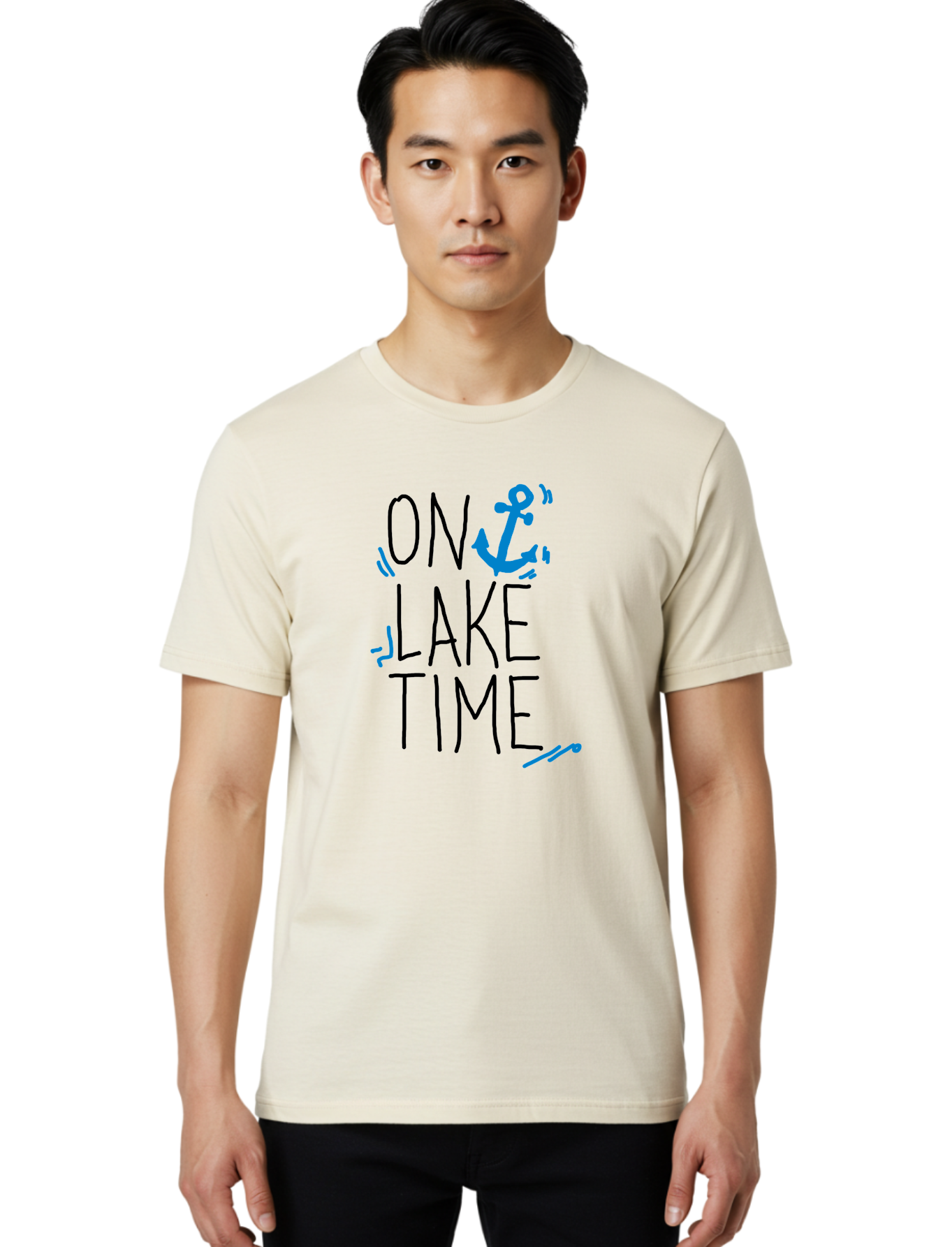 On-Lake-Time Men'S Graphic Tee, 100% Cotton, Comfortable Casual Summer Wear, Machine Washable, Lake Life, Anchor Symbol, Lake Time, Water Activities, Boating, Sailing, Relaxation, Leisure Time, Summer Fun, Nautical Theme - Aaa105
