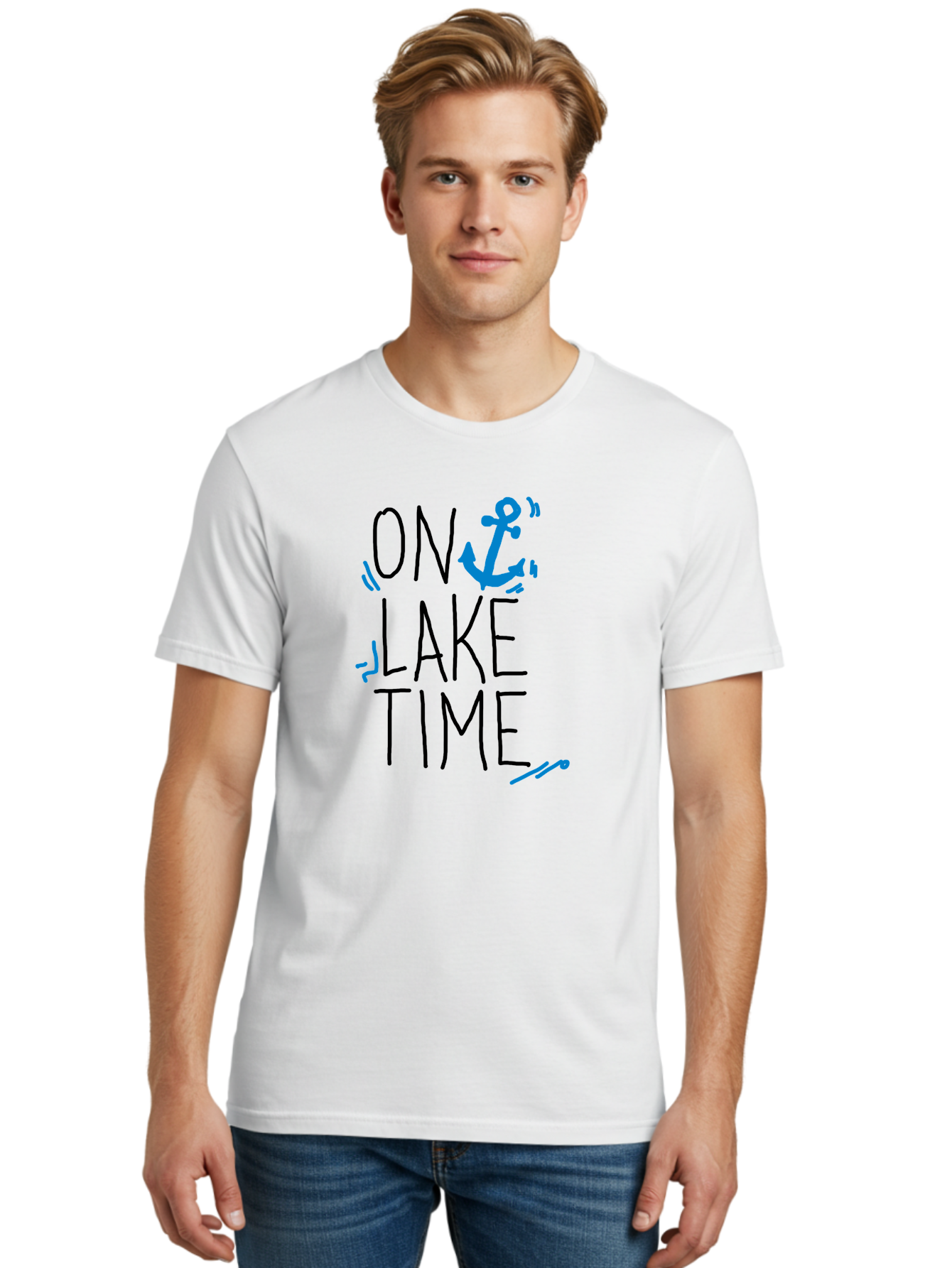 On-Lake-Time Men'S Graphic Tee, 100% Cotton, Comfortable Casual Summer Wear, Machine Washable, Lake Life, Anchor Symbol, Lake Time, Water Activities, Boating, Sailing, Relaxation, Leisure Time, Summer Fun, Nautical Theme - Aaa105